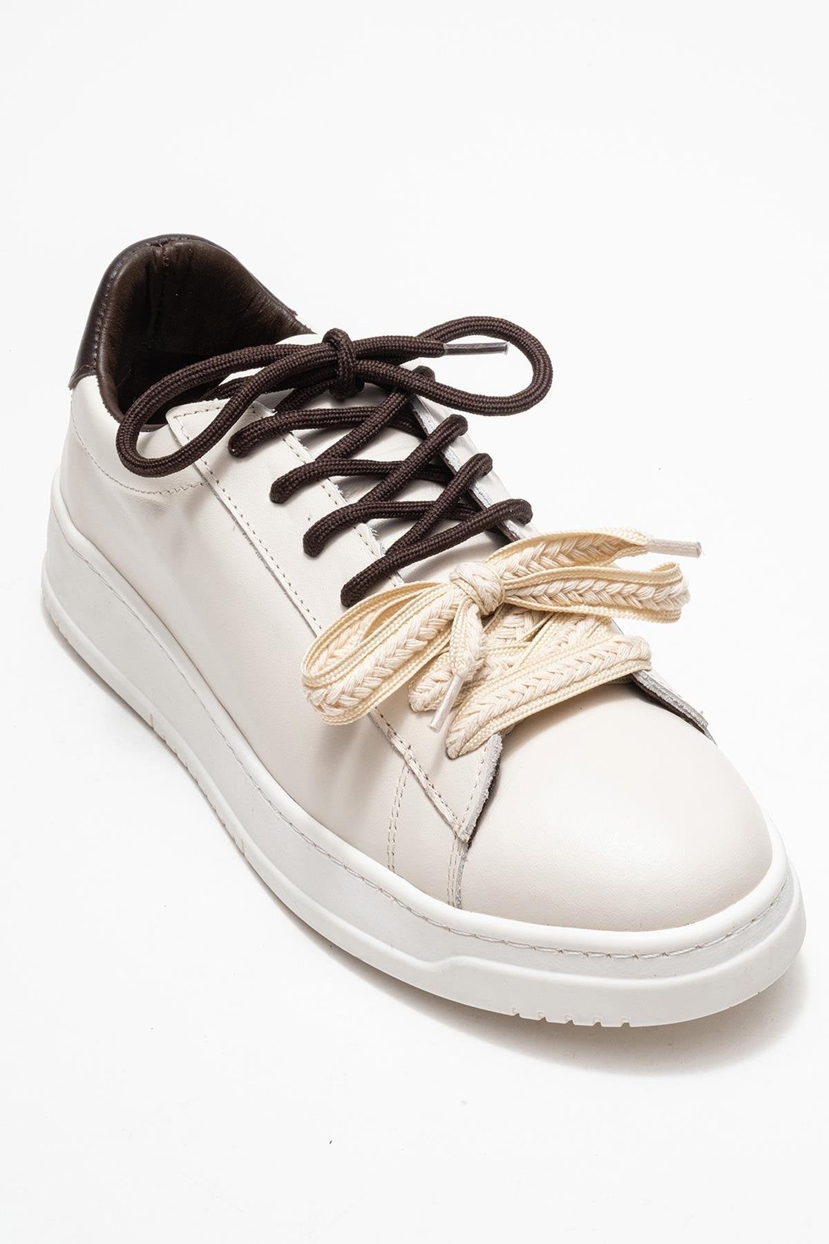 Warron - Ecru Brown Genuine Leather Sneaker – detail view showing leather, Vowalisse