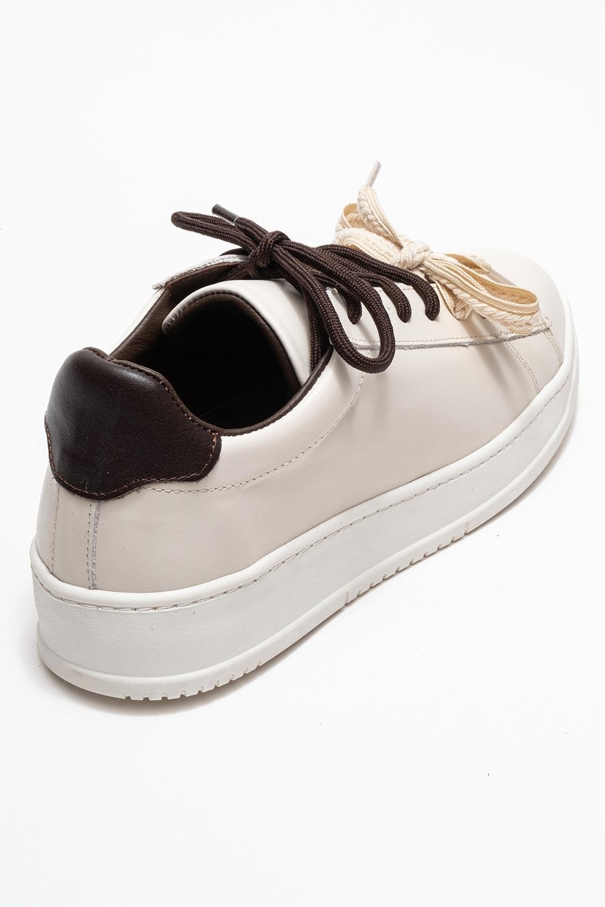 Warron - Ecru Brown Genuine Leather Sneaker – back view showing leather, Vowalisse