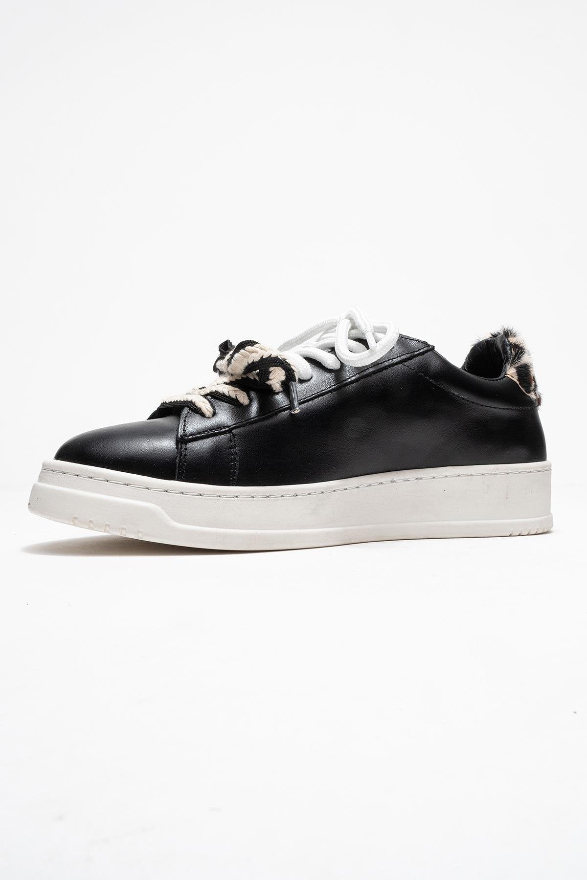 Warron - Black Patterned Genuine Leather Sneaker – heel view showing leather, black, Vowalisse