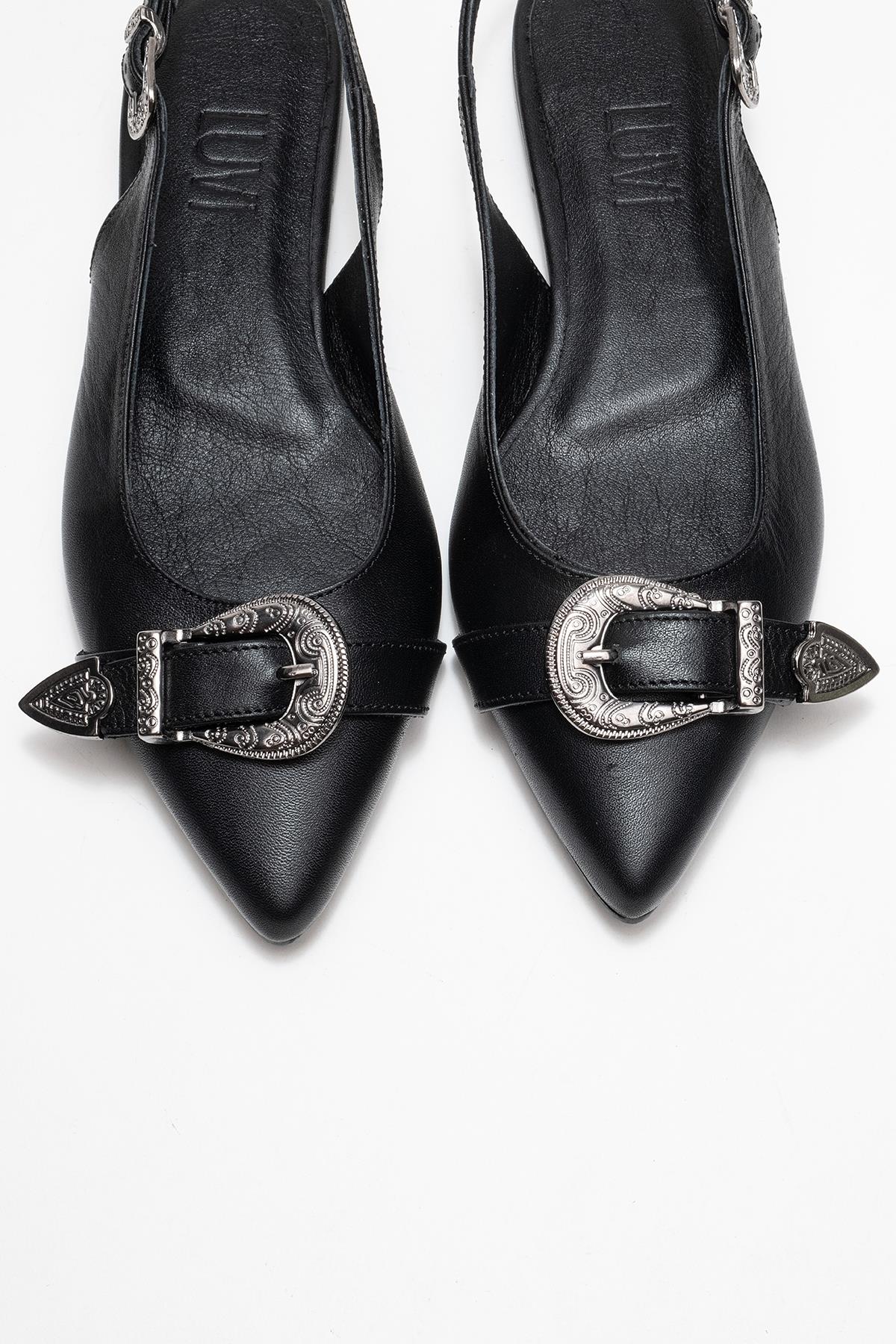Dorothy - Black Genuine Leather Buckle Pointed Toe Sandal – side view showing leather, black, Vowalisse