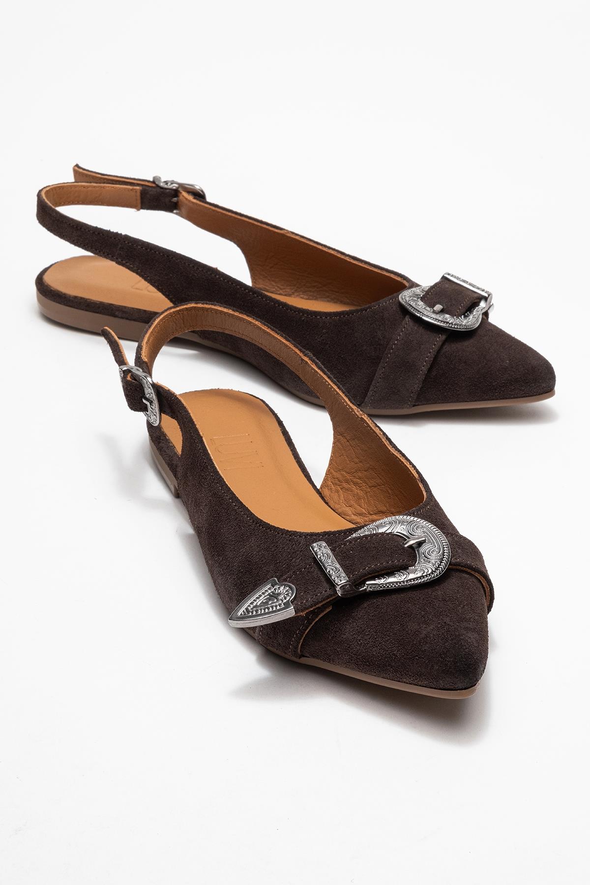 Dorothy - Brown Suede Genuine Leather Buckle Pointed Toe Sandal – front three-quarter view showing leather, suede, red…