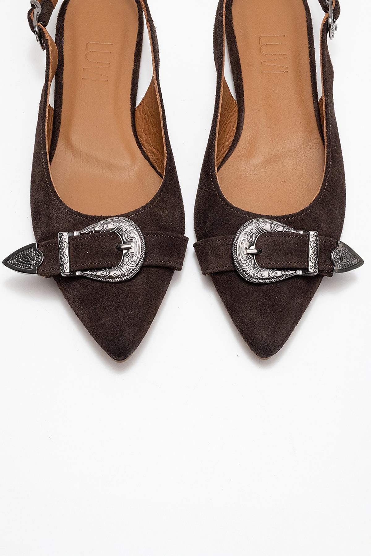 Dorothy - Brown Suede Genuine Leather Buckle Pointed Toe Sandal – side view showing leather, suede, red, Vowalisse