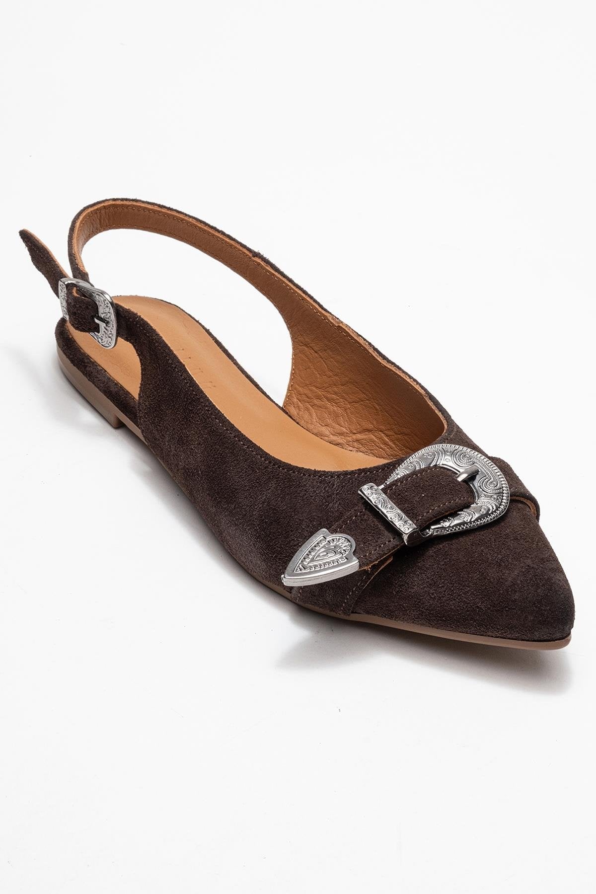Dorothy - Brown Suede Genuine Leather Buckle Pointed Toe Sandal – detail view showing leather, suede, red, Vowalisse