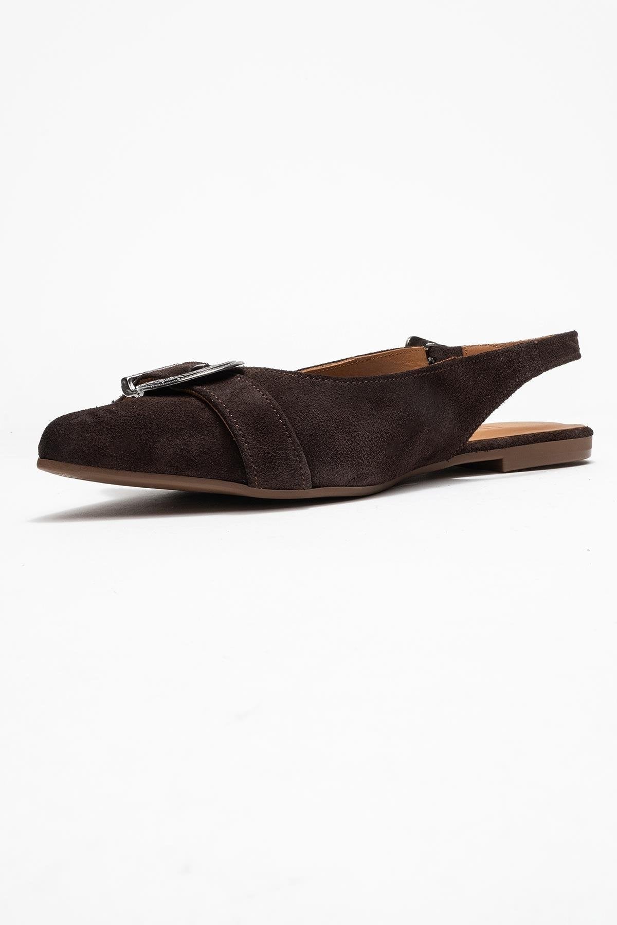 Dorothy - Brown Suede Genuine Leather Buckle Pointed Toe Sandal – heel view showing leather, suede, red, Vowalisse