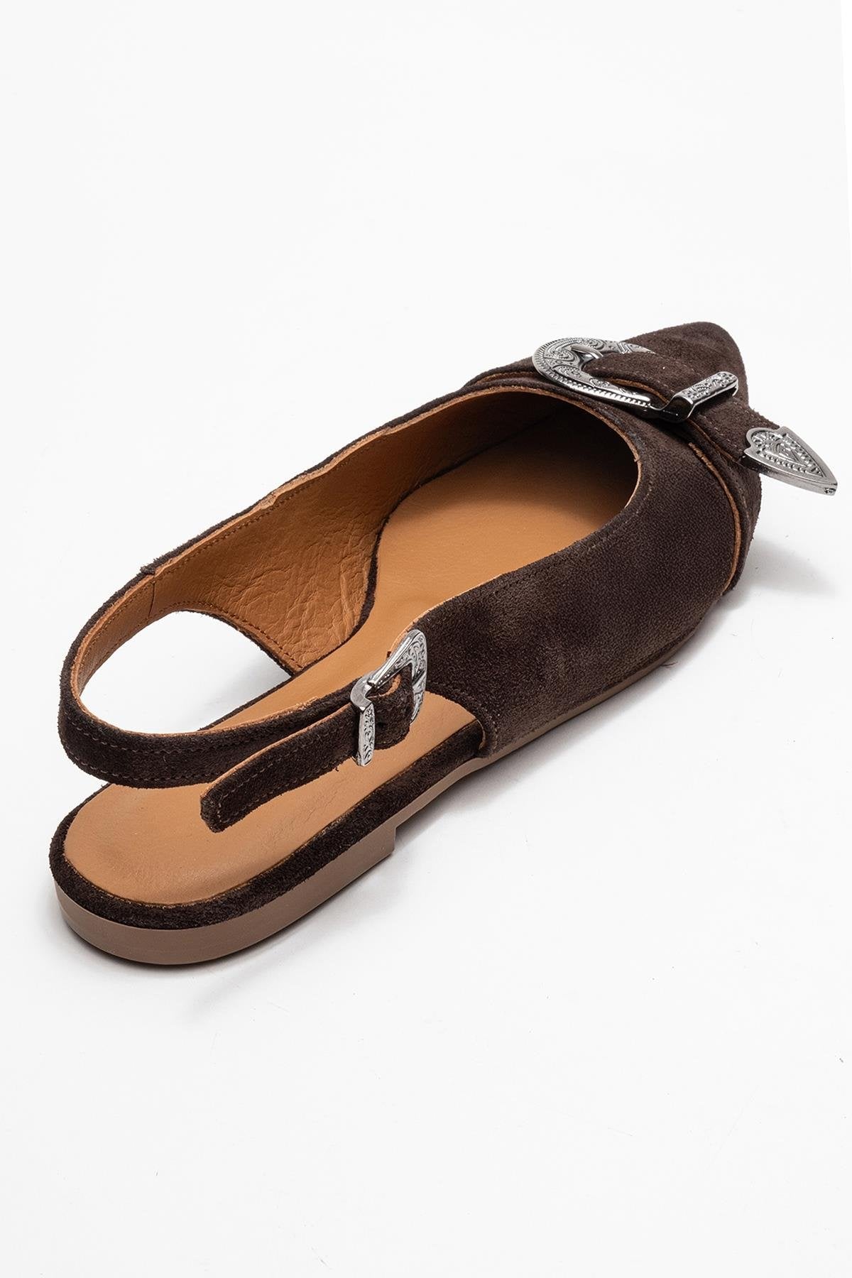 Dorothy - Brown Suede Genuine Leather Buckle Pointed Toe Sandal – back view showing leather, suede, red, Vowalisse