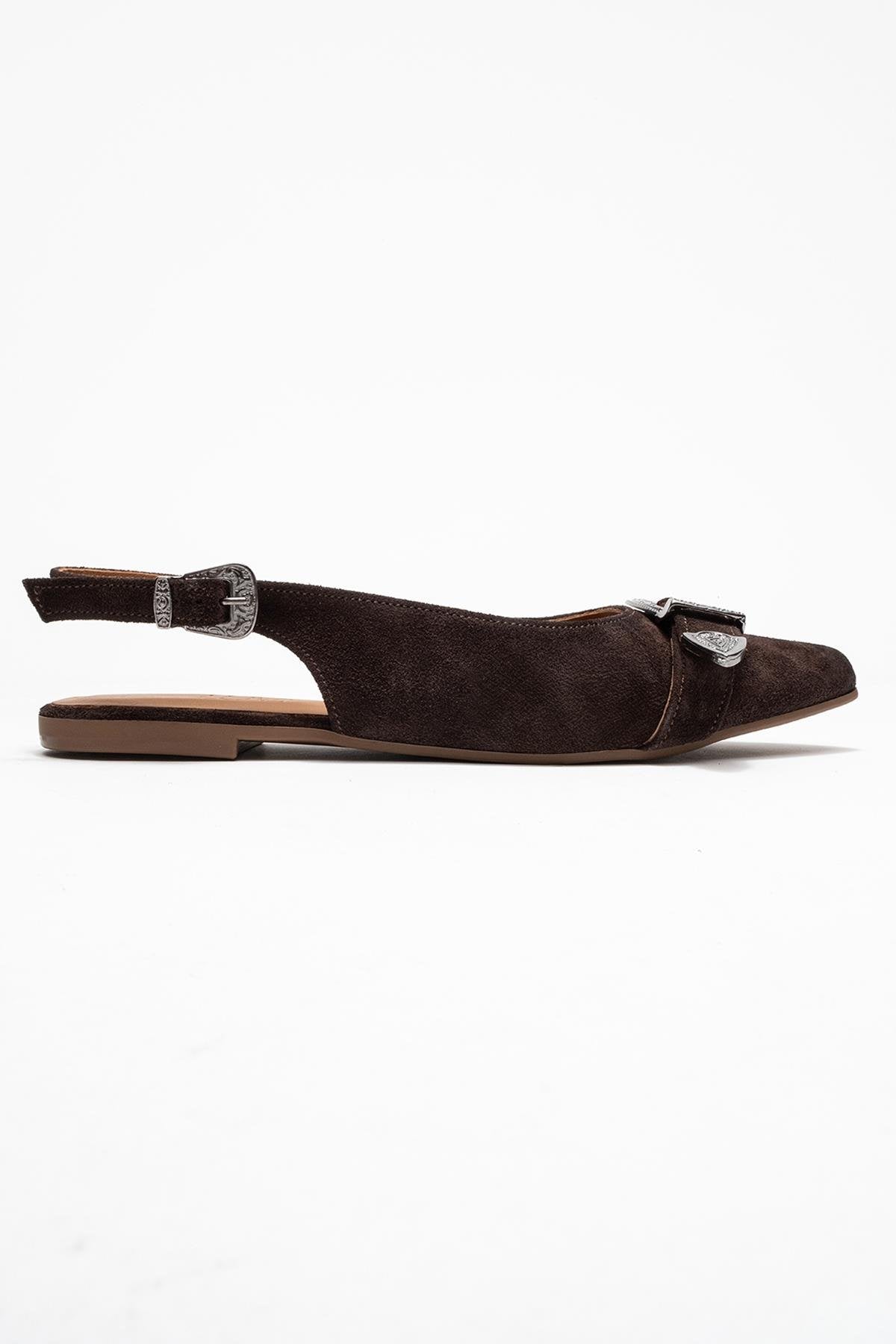 Dorothy - Brown Suede Genuine Leather Buckle Pointed Toe Sandal – top view showing leather, suede, red, Vowalisse