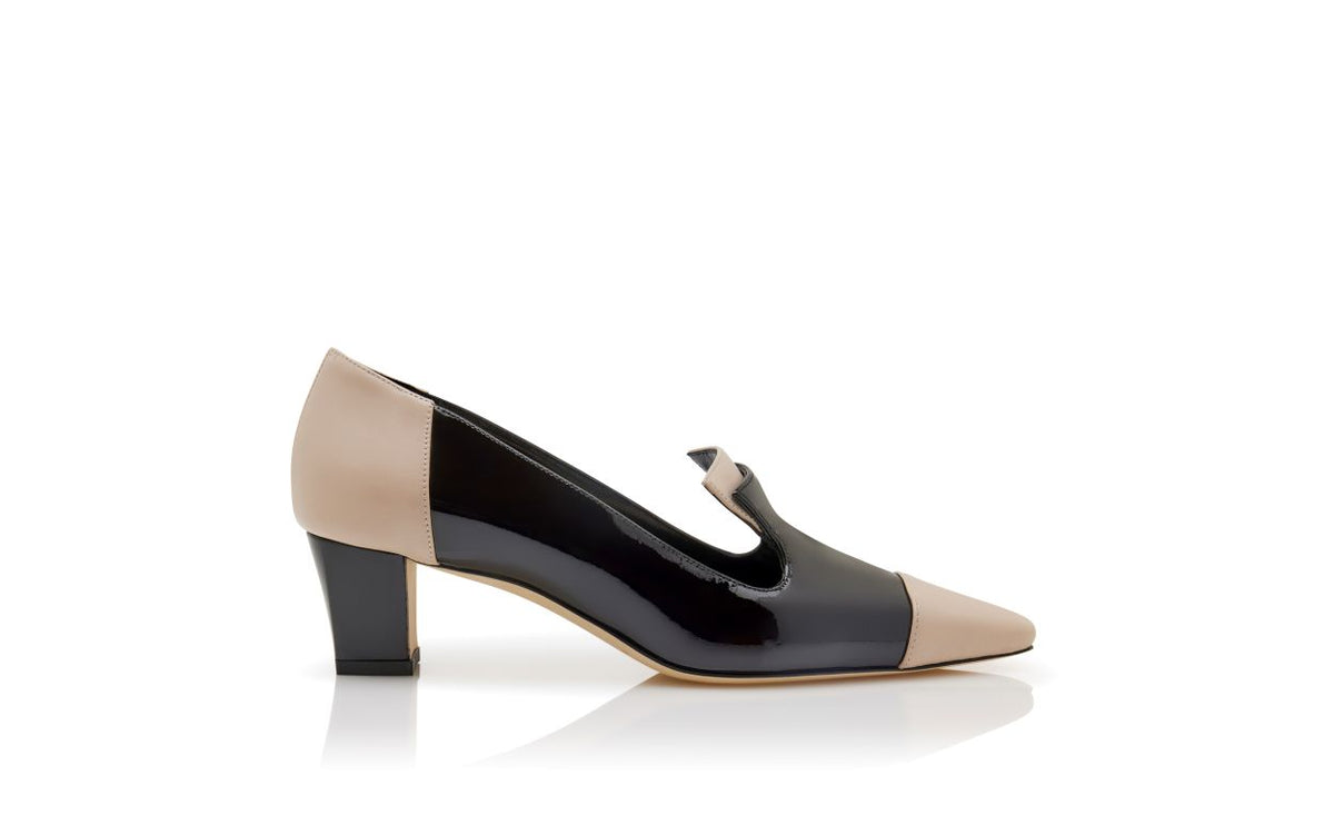 Ophelia Star Black Almond Toe Pumps – side profile showing black almond toe, patent leather, nappa leather, Vowalisse