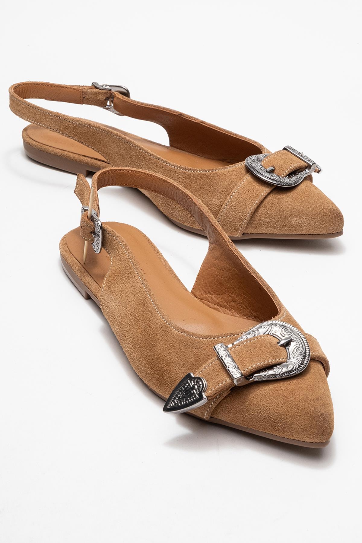 Dorothy - Taupe Suede Genuine Leather Buckle Pointed Toe Sandal – front three-quarter view showing leather, suede…