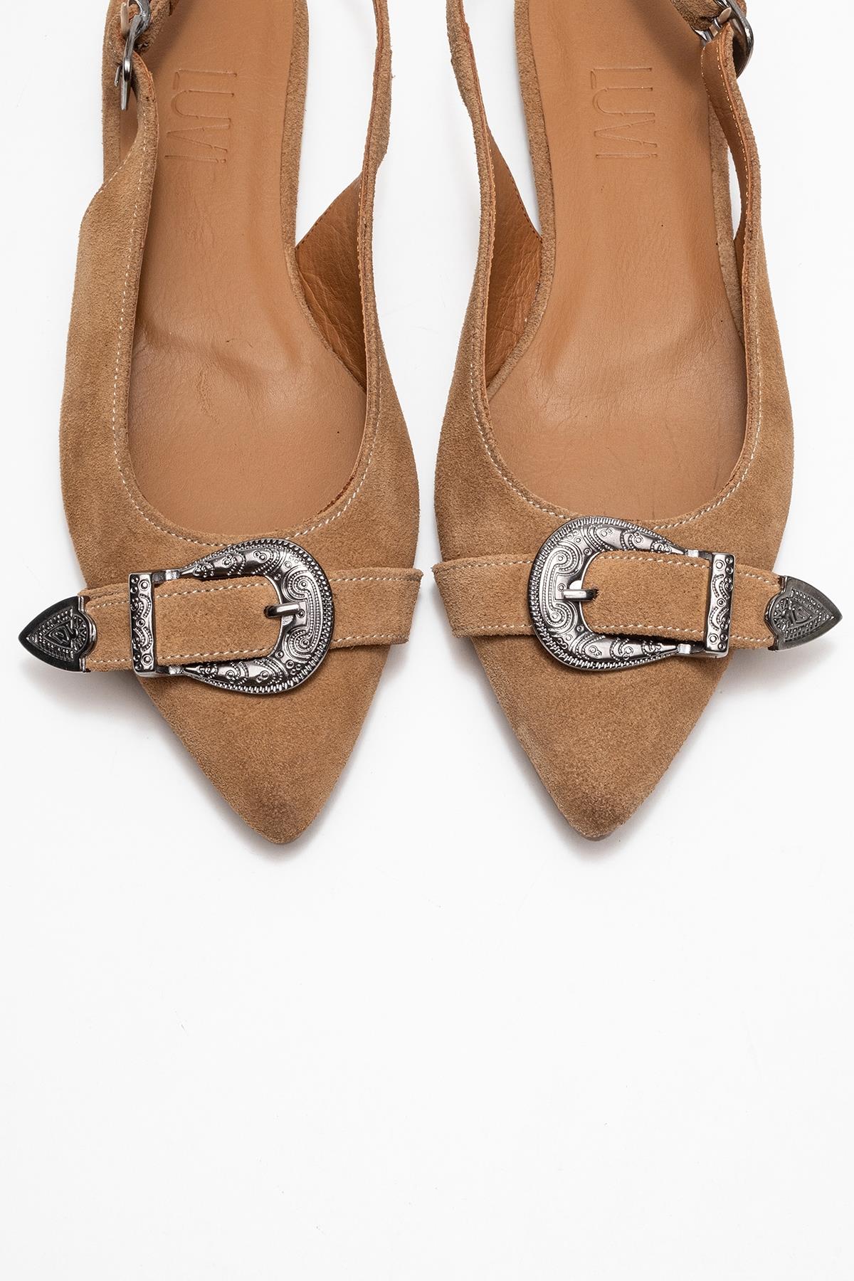 Dorothy - Taupe Suede Genuine Leather Buckle Pointed Toe Sandal – side view showing leather, suede, Vowalisse