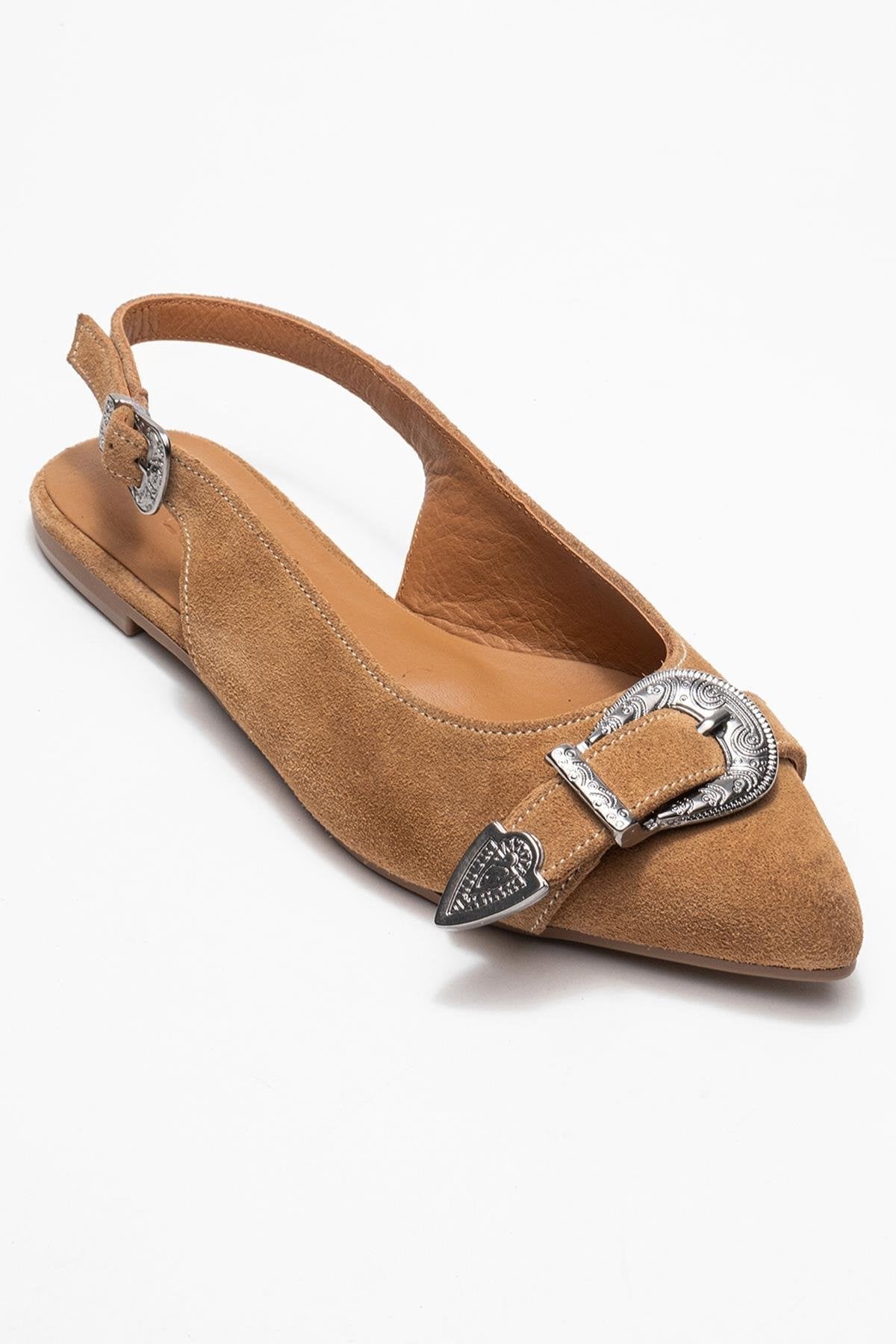 Dorothy - Taupe Suede Genuine Leather Buckle Pointed Toe Sandal – detail view showing leather, suede, Vowalisse