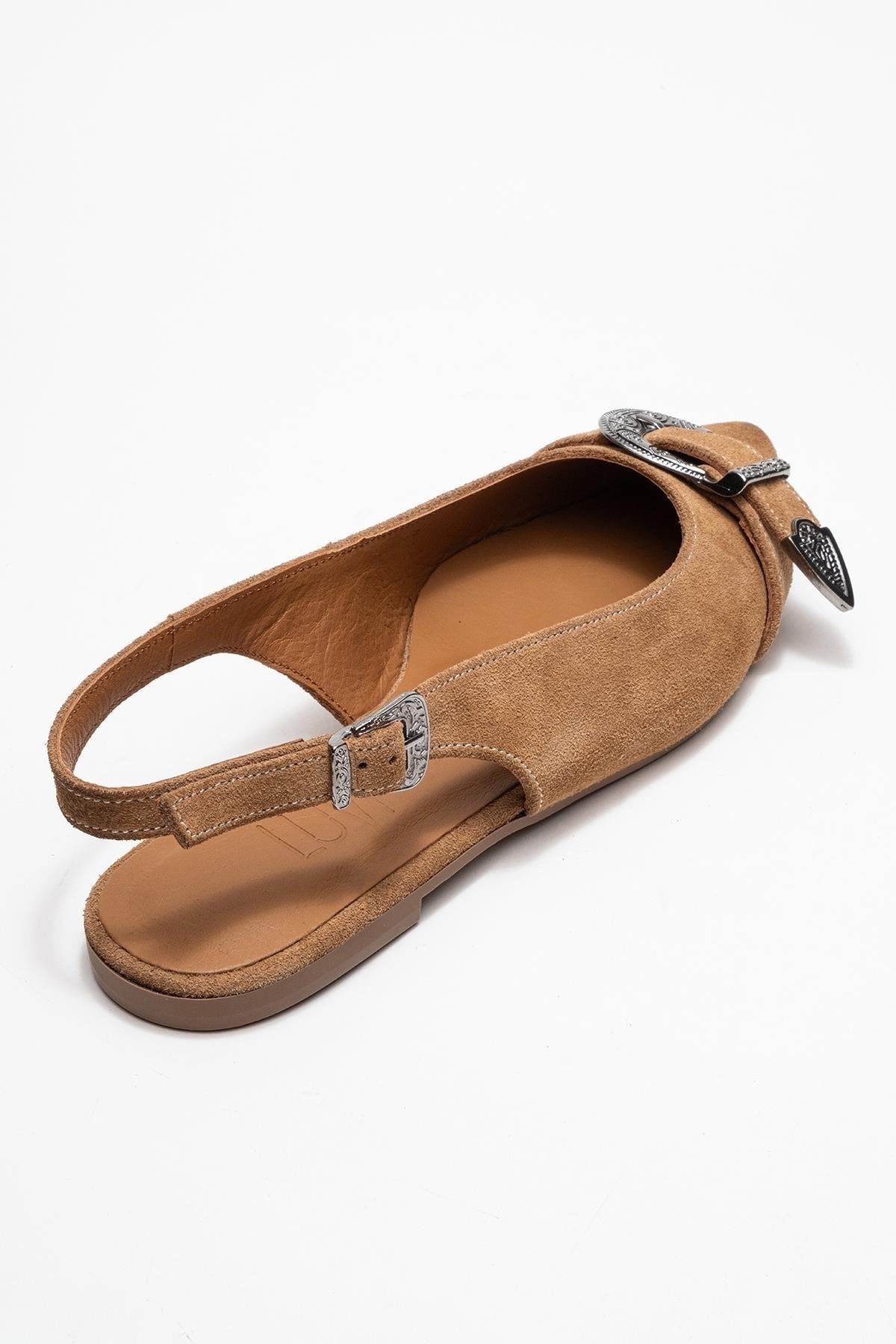 Dorothy - Taupe Suede Genuine Leather Buckle Pointed Toe Sandal – back view showing leather, suede, Vowalisse