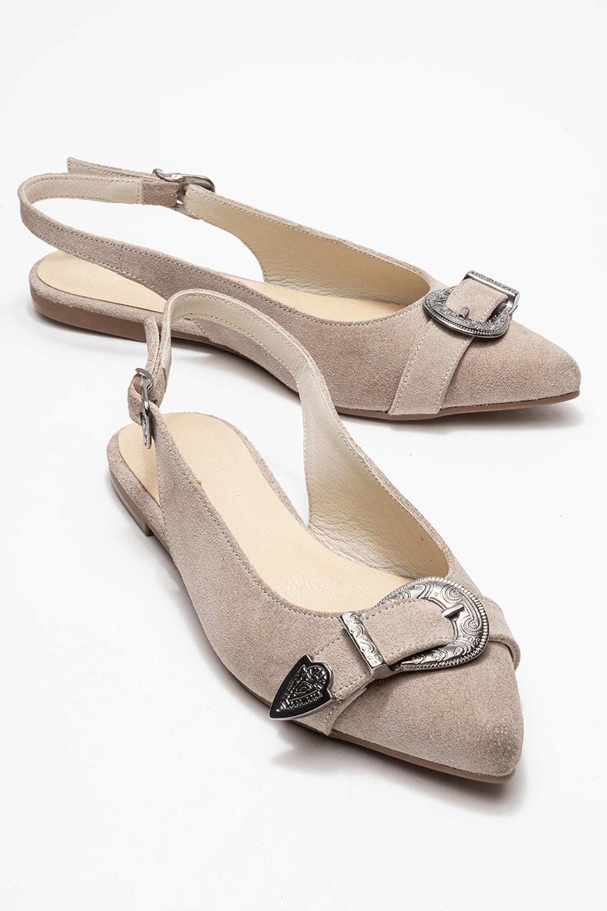 Dorothy - Beige Suede Genuine Leather Buckle Pointed Toe Sandal – front three-quarter view showing leather, suede…