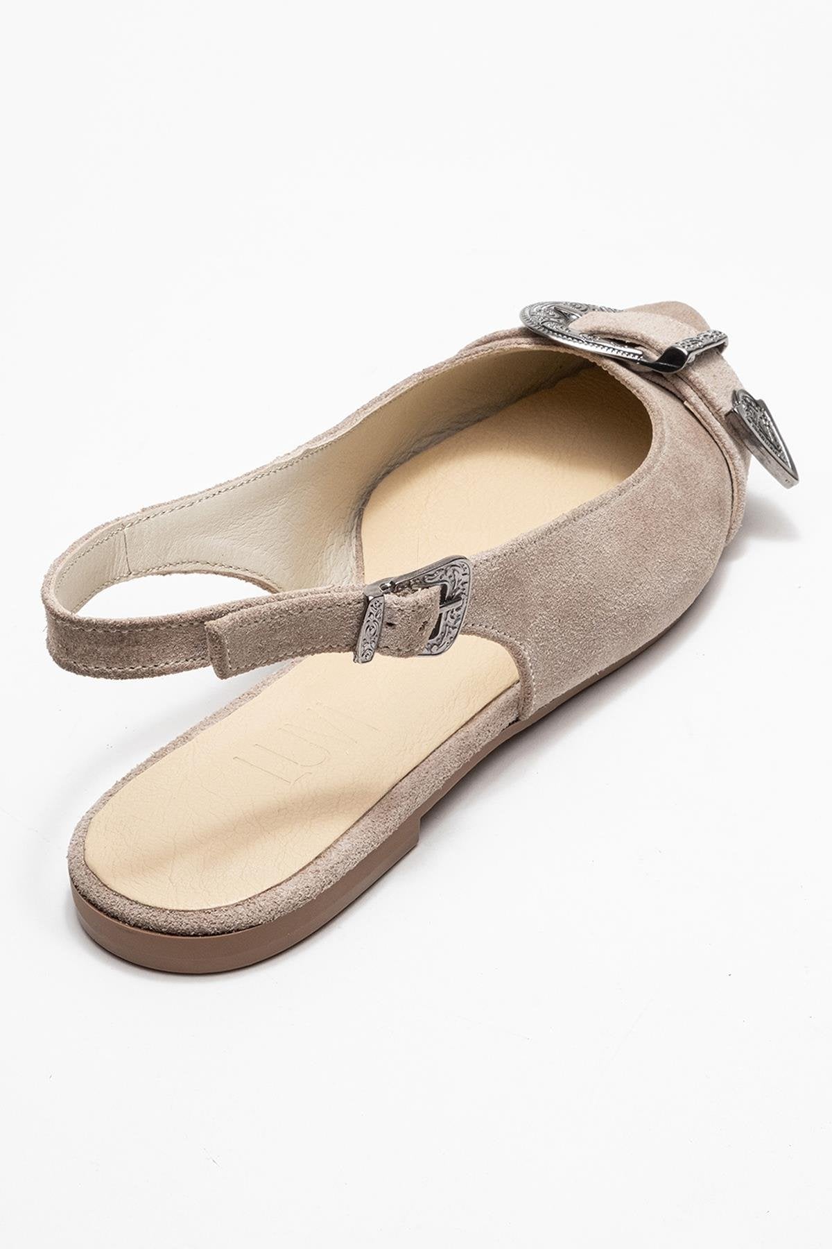 Dorothy - Beige Suede Genuine Leather Buckle Pointed Toe Sandal – back view showing leather, suede, Vowalisse