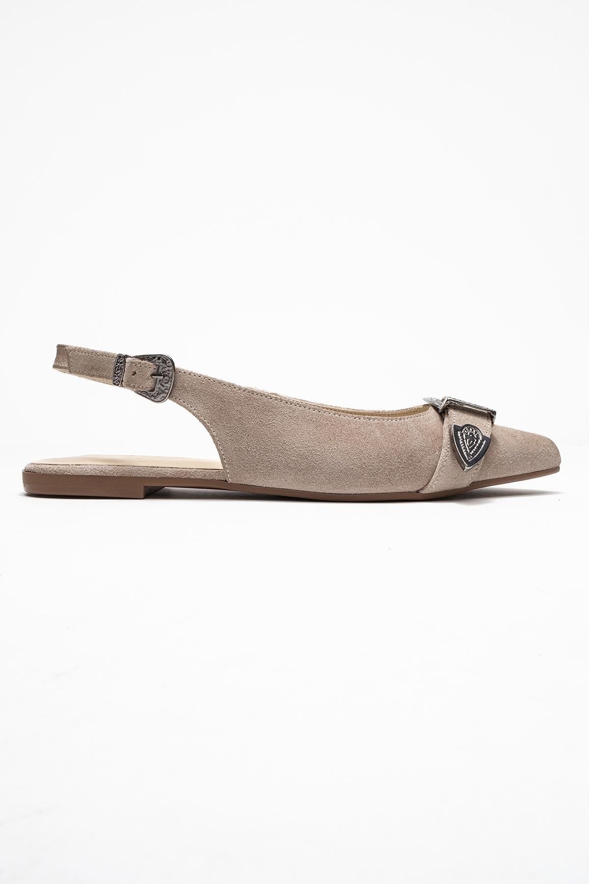 Dorothy - Beige Suede Genuine Leather Buckle Pointed Toe Sandal – top view showing leather, suede, Vowalisse