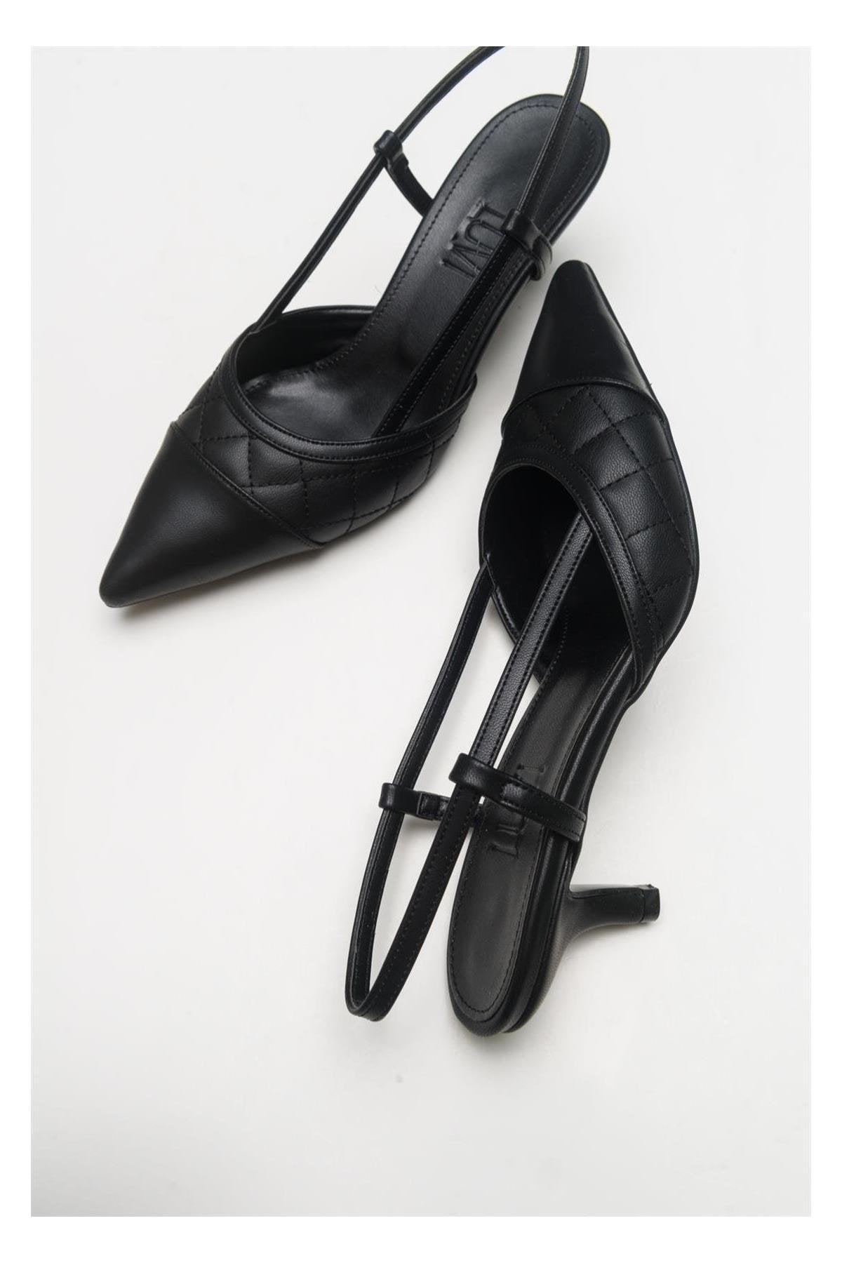Goodge - Black Pointed Toe Backless Heeled Pump – front three-quarter view showing leather, black, Vowalisse