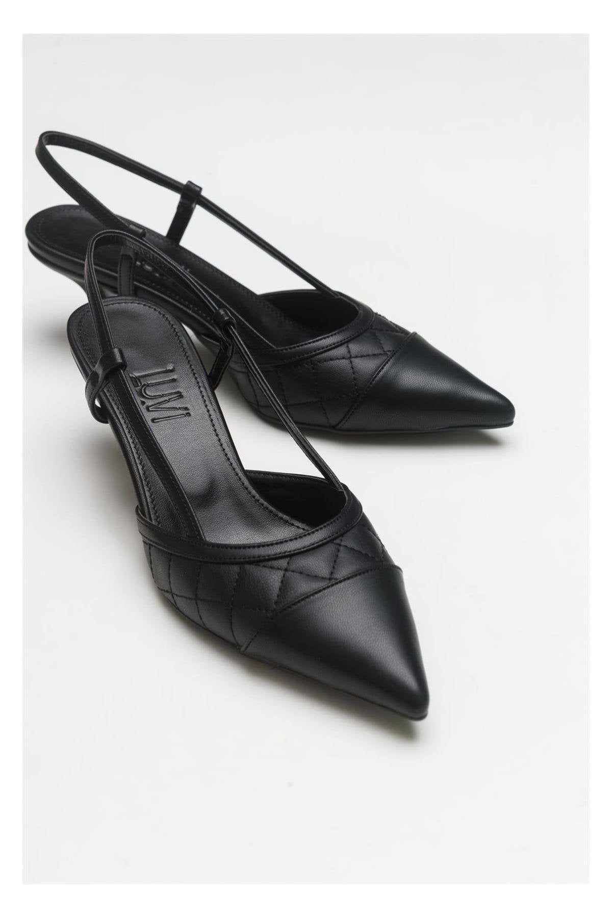 Goodge - Black Pointed Toe Backless Heeled Pump – detail view showing leather, black, Vowalisse