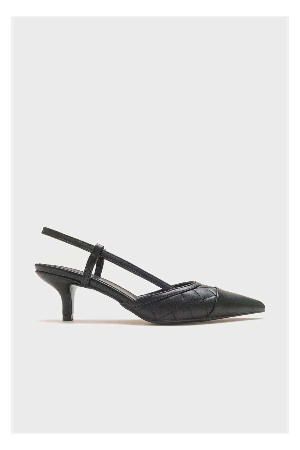 Goodge - Black Pointed Toe Backless Heeled Pump – back view showing leather, black, Vowalisse