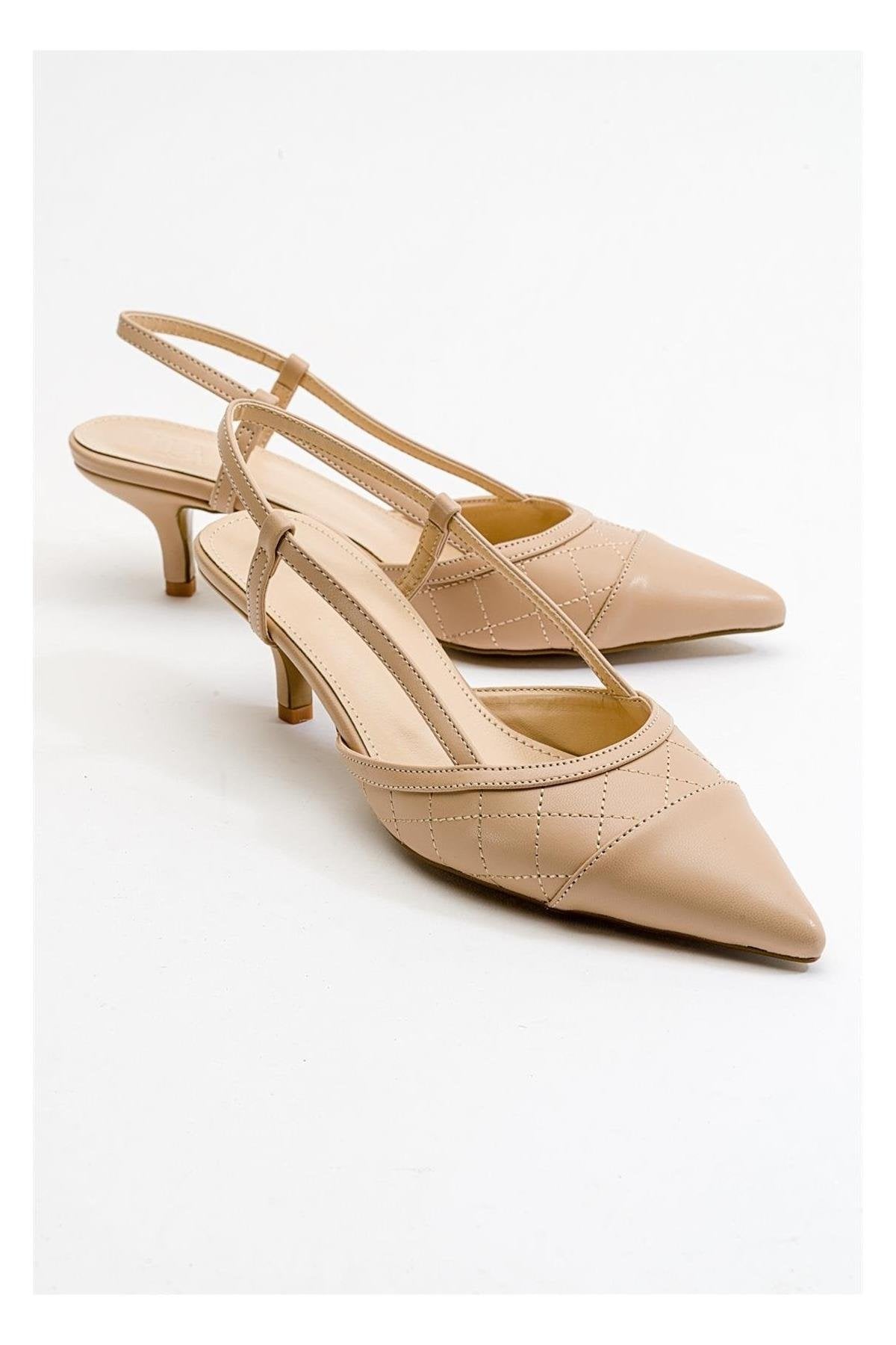 Goodge - Nude Pointed Toe Backless Heeled Pump – front three-quarter view showing leather, nude, Vowalisse