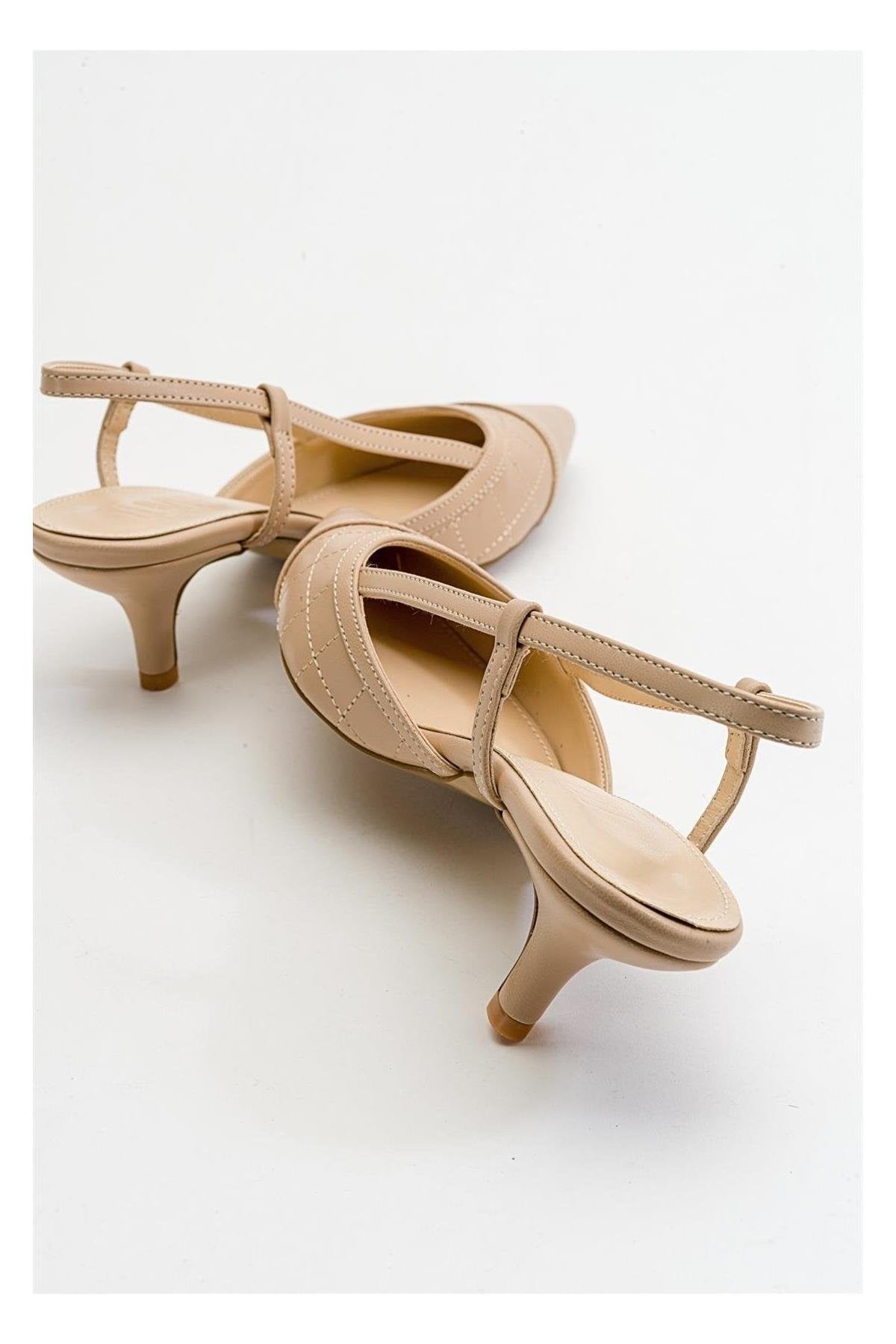 Goodge - Nude Pointed Toe Backless Heeled Pump – detail view showing leather, nude, Vowalisse