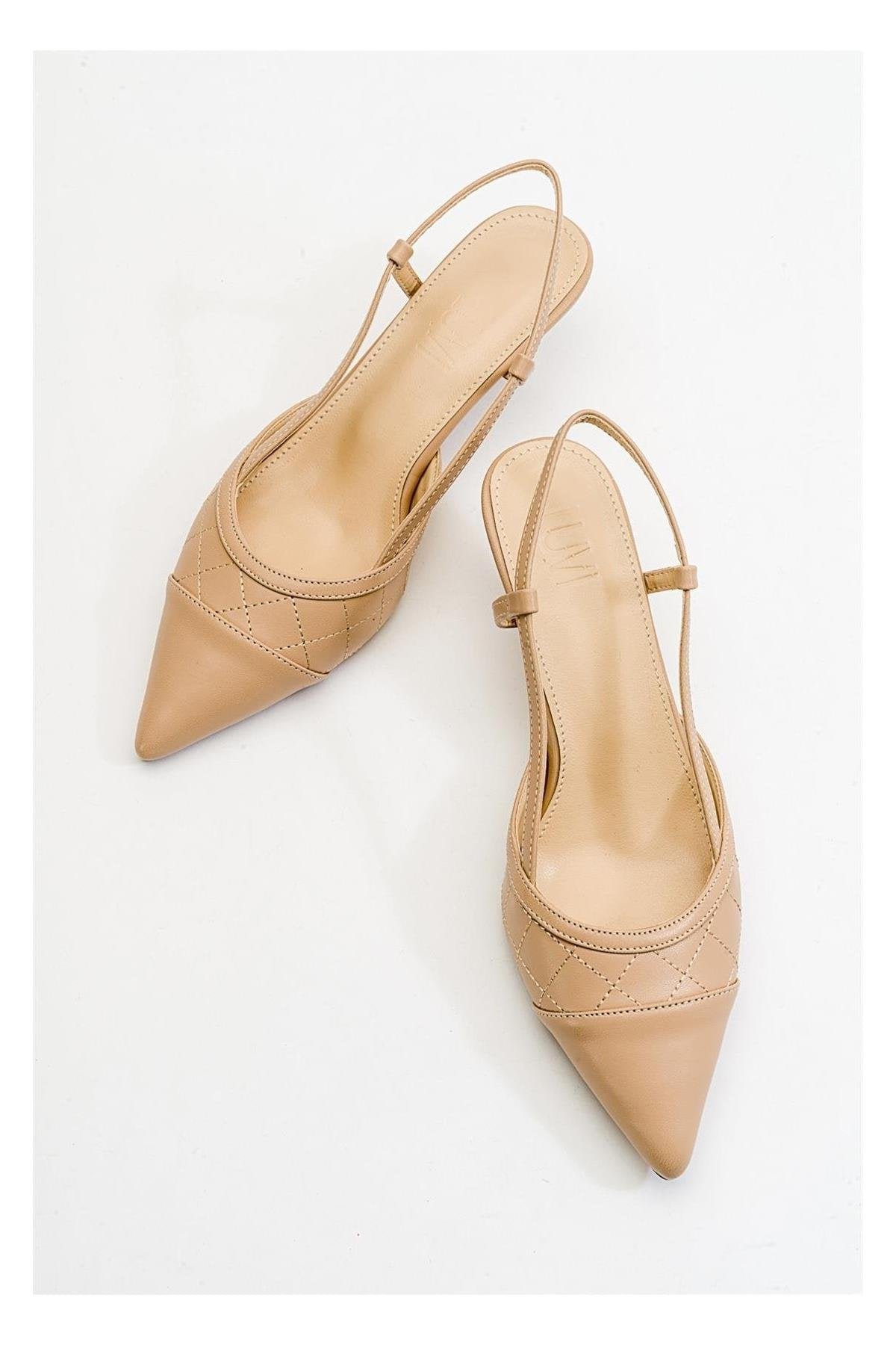 Goodge - Nude Pointed Toe Backless Heeled Pump – heel view showing leather, nude, Vowalisse