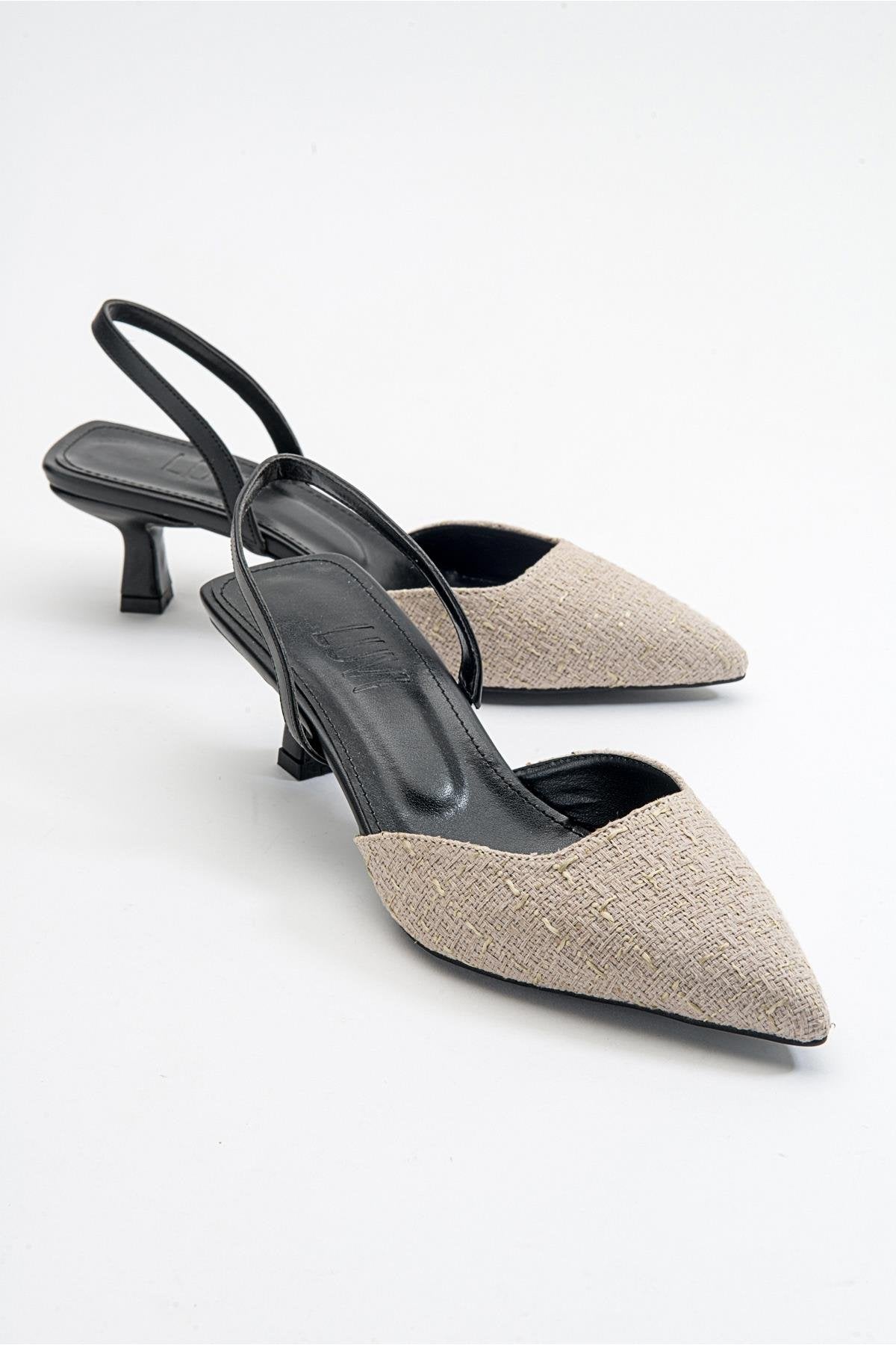 Over - Black Beige Tweed Pointed Toe Low Heel Shoe – front three-quarter view showing leather, black, red, Vowalisse