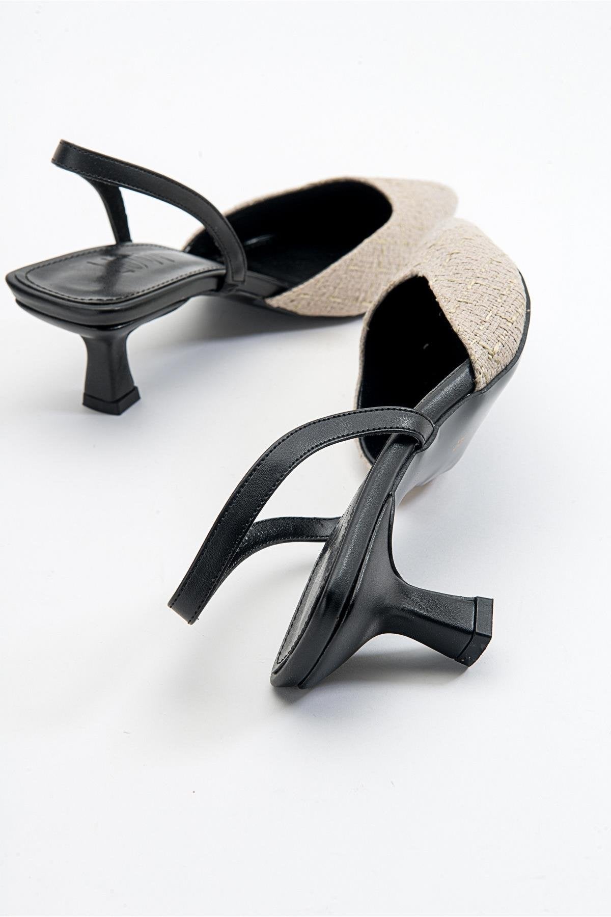 Over - Black Beige Tweed Pointed Toe Low Heel Shoe – side view showing leather, black, red, Vowalisse