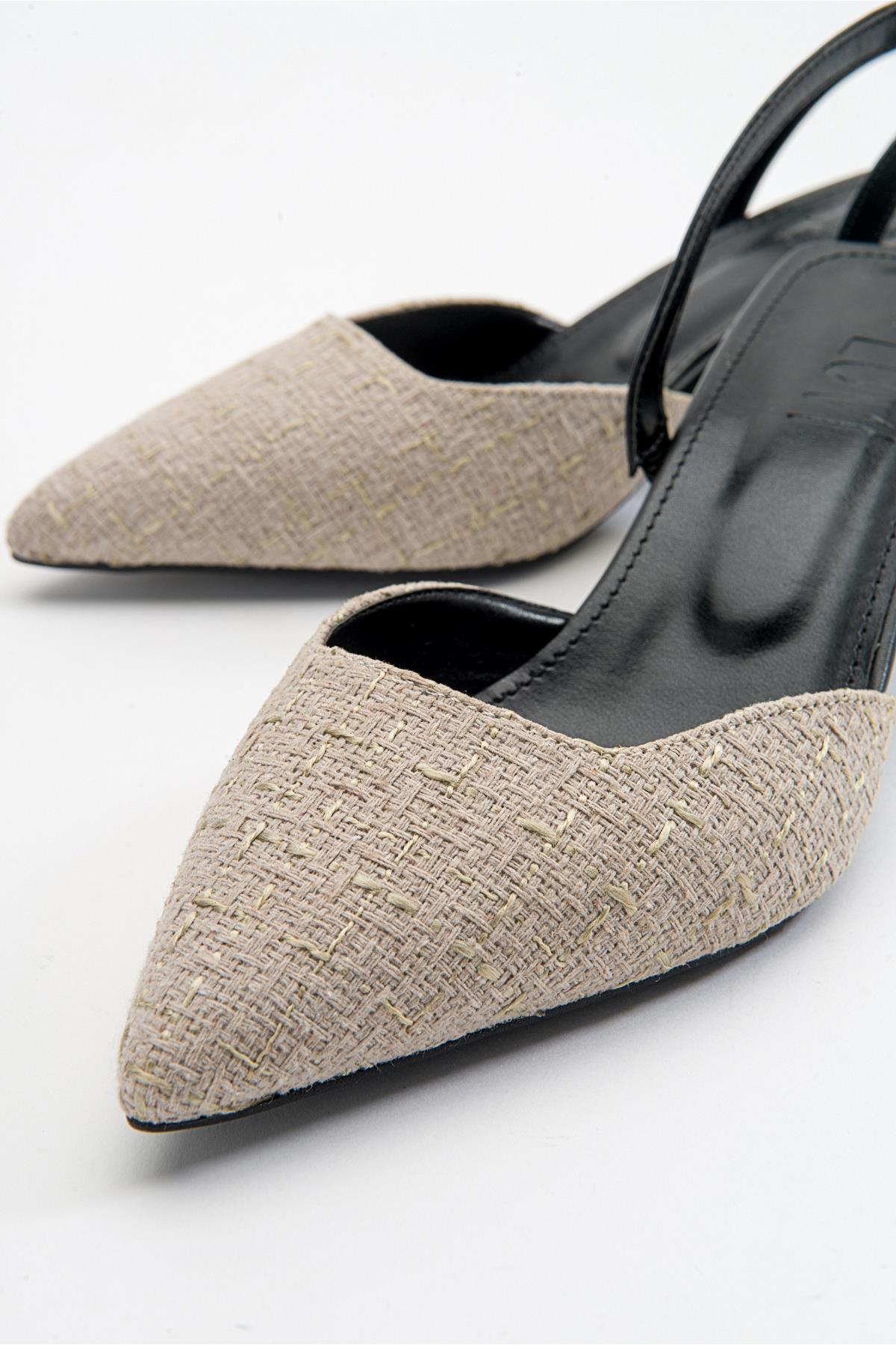 Over - Black Beige Tweed Pointed Toe Low Heel Shoe – detail view showing leather, black, red, Vowalisse