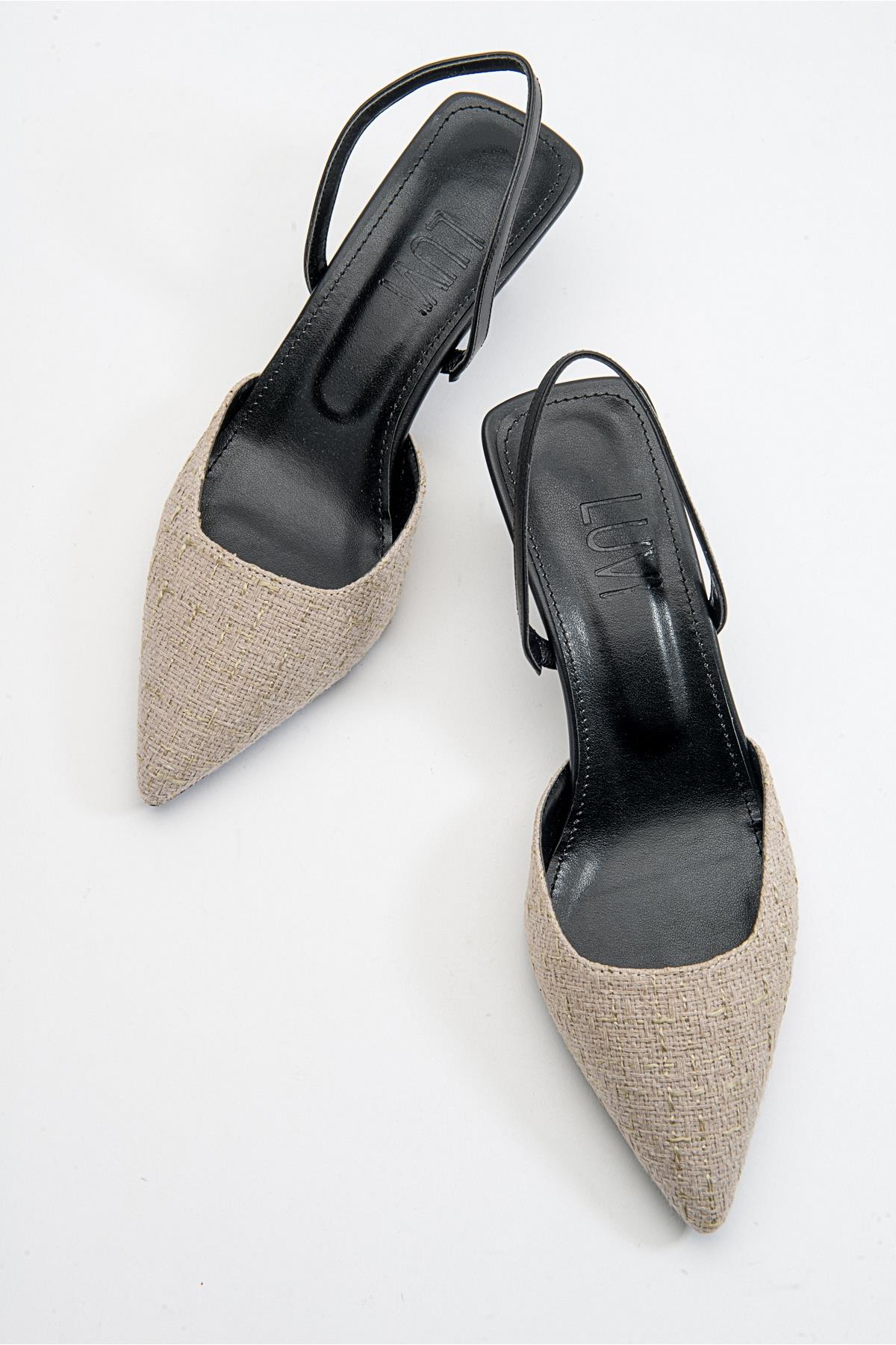 Over - Black Beige Tweed Pointed Toe Low Heel Shoe – heel view showing leather, black, red, Vowalisse