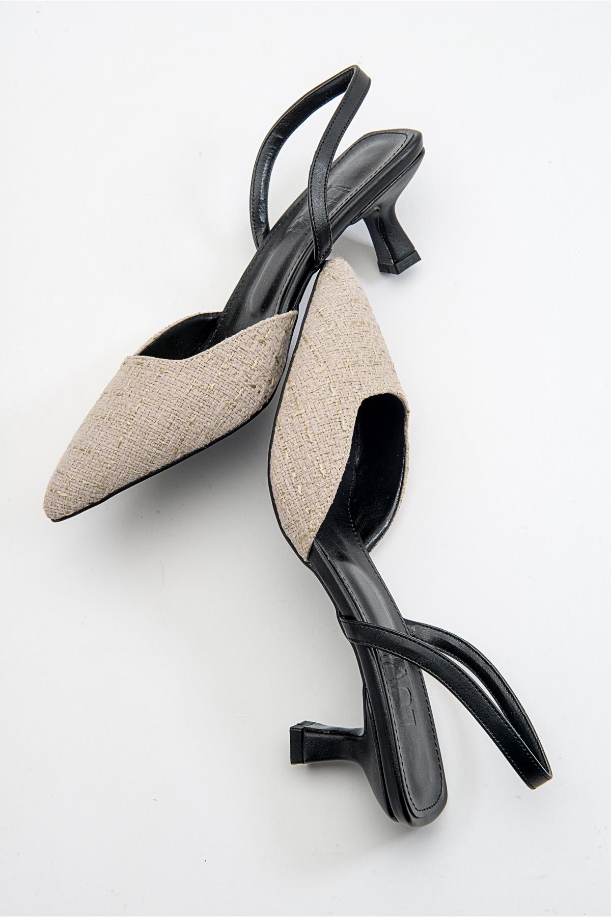 Over - Black Beige Tweed Pointed Toe Low Heel Shoe – back view showing leather, black, red, Vowalisse