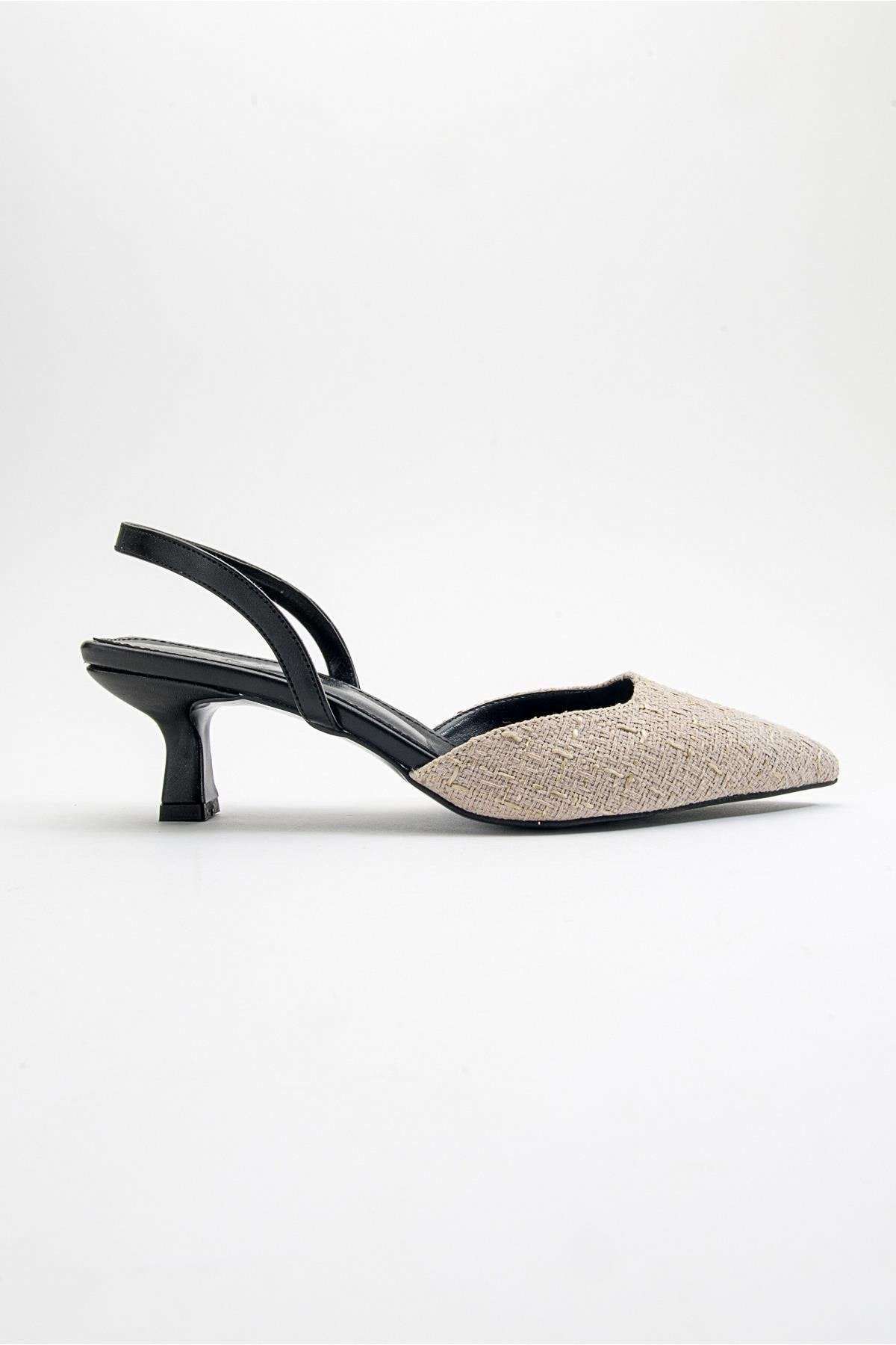 Over - Black Beige Tweed Pointed Toe Low Heel Shoe – top view showing leather, black, red, Vowalisse
