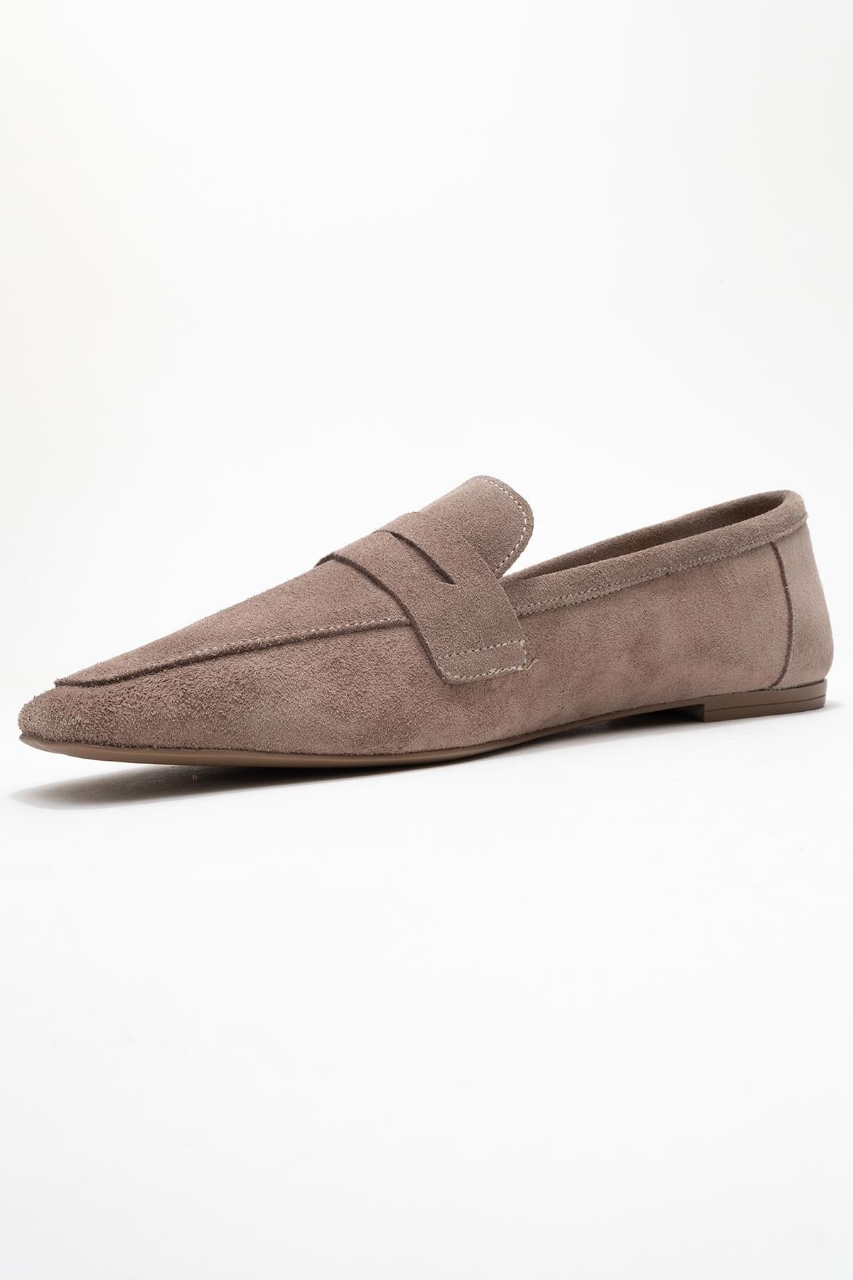 Rubra - Taupe Suede Genuine Leather Loafer – heel view showing leather, suede, Vowalisse