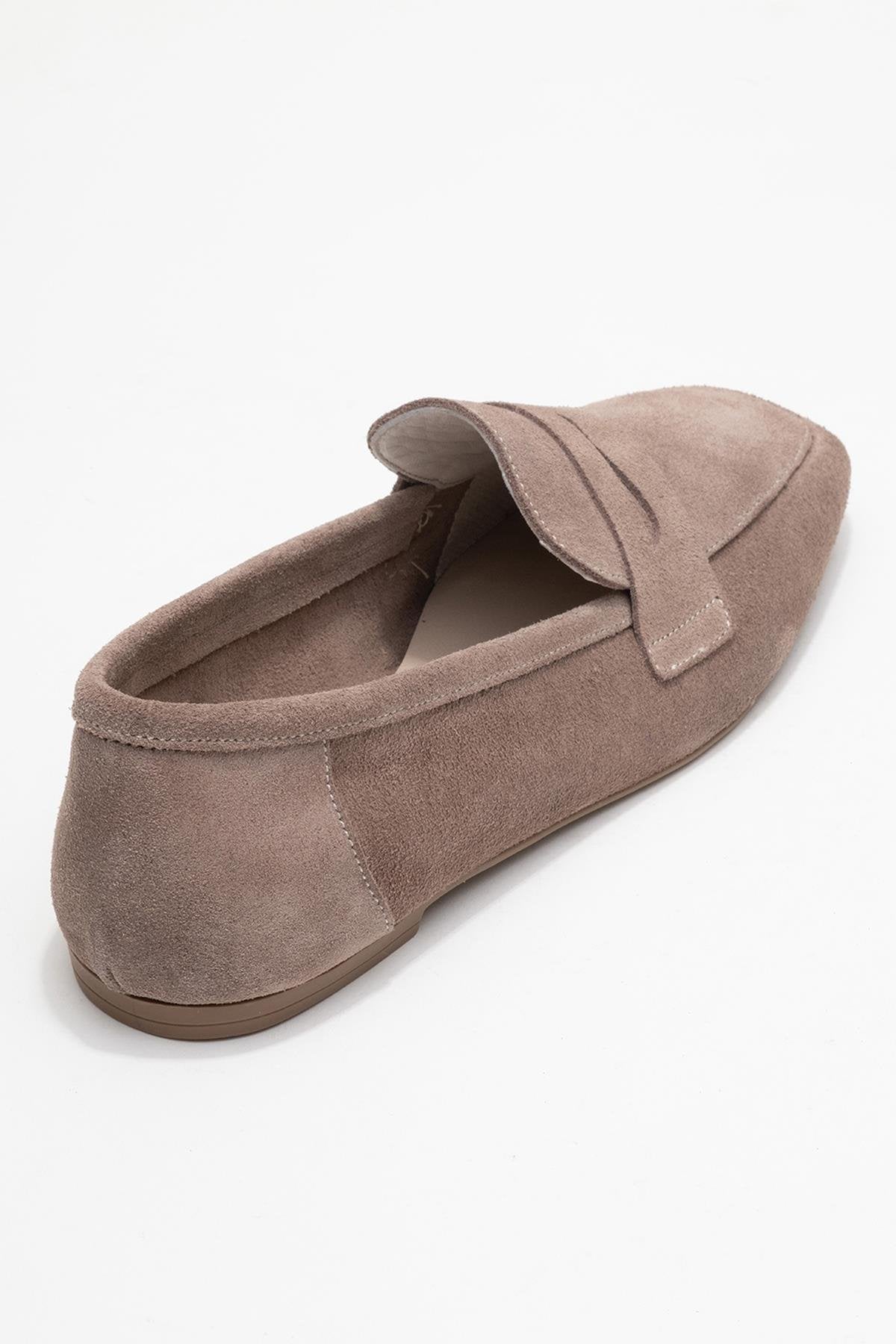 Rubra - Taupe Suede Genuine Leather Loafer – back view showing leather, suede, Vowalisse
