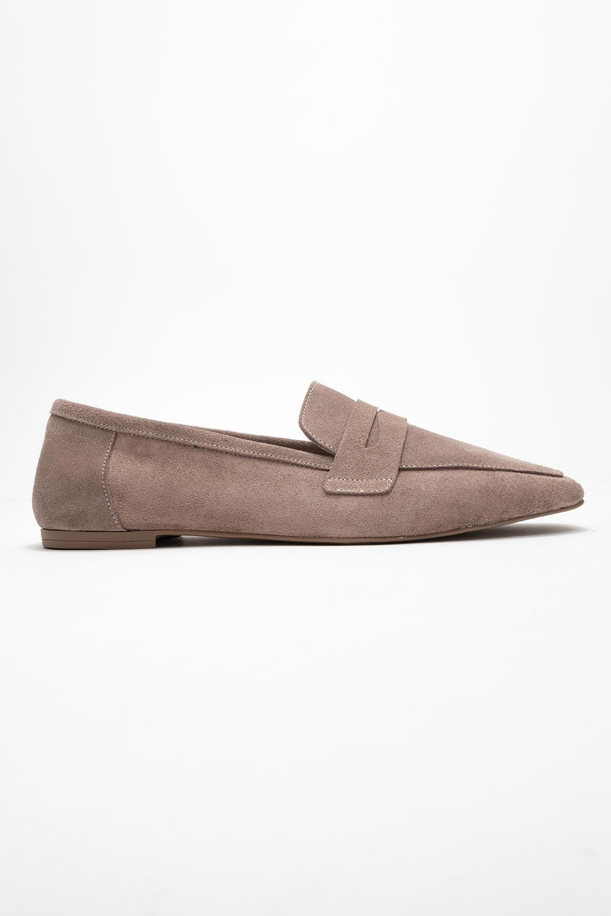 Rubra - Taupe Suede Genuine Leather Loafer – top view showing leather, suede, Vowalisse