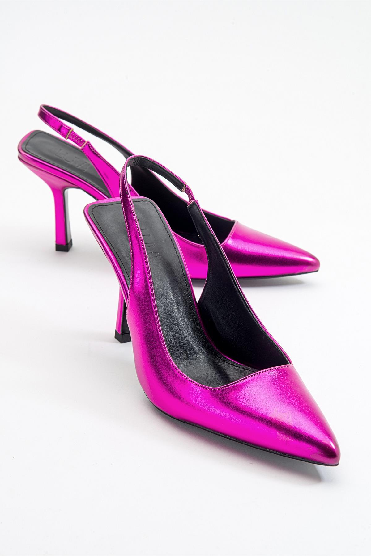 Ferry - Fuchsia Metallic Heeled Shoe – front three-quarter view showing leather, metallic, Vowalisse