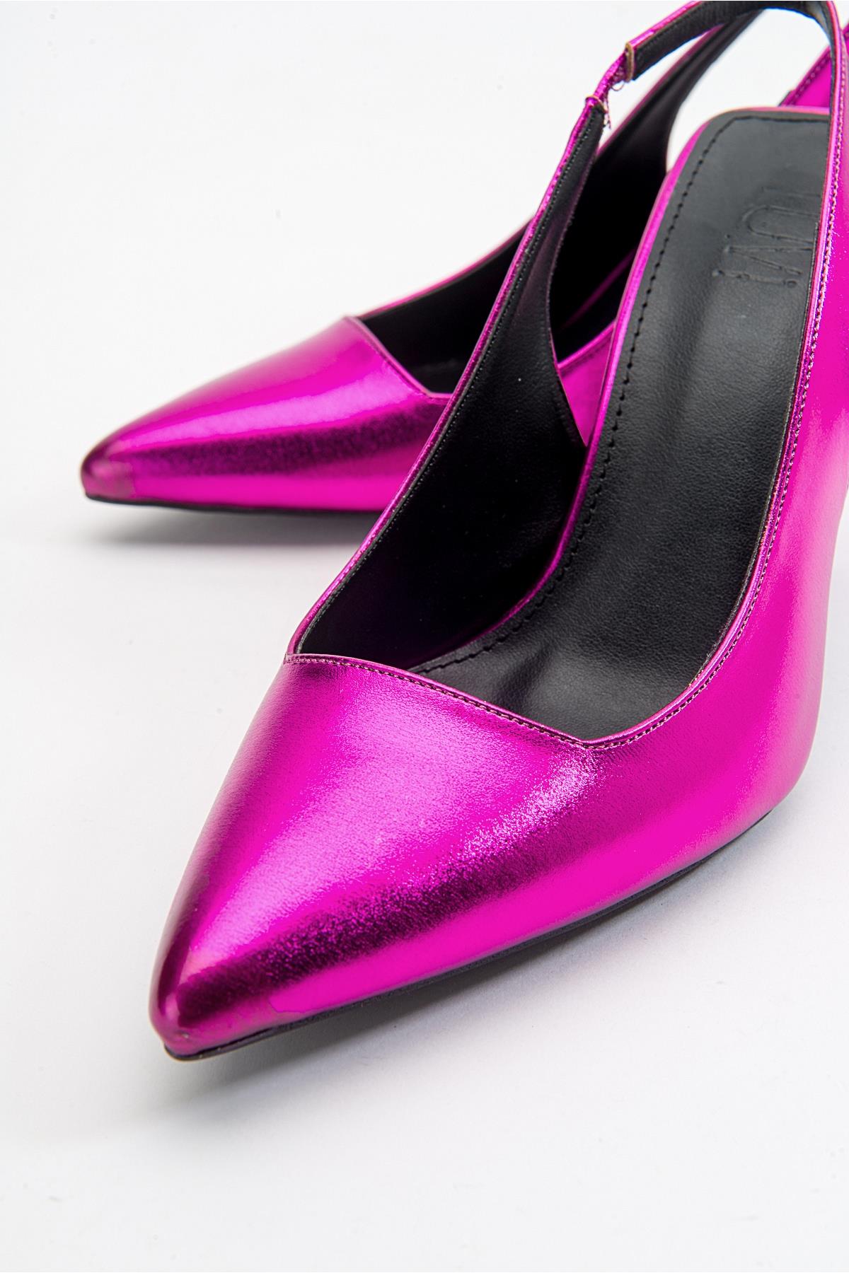 Ferry - Fuchsia Metallic Heeled Shoe – detail view showing leather, metallic, Vowalisse