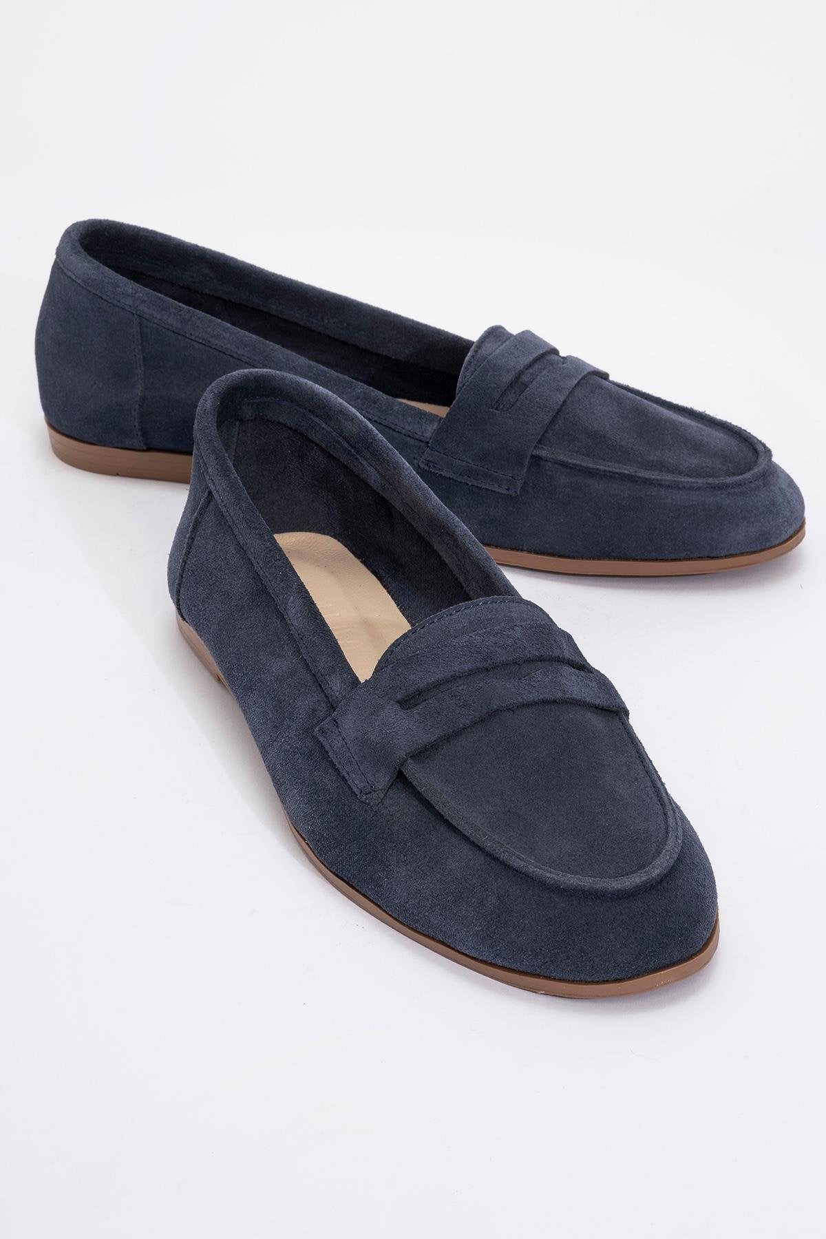 Tory - Denim Suede Genuine Leather Loafer Shoe – front three-quarter view showing leather, suede, Vowalisse