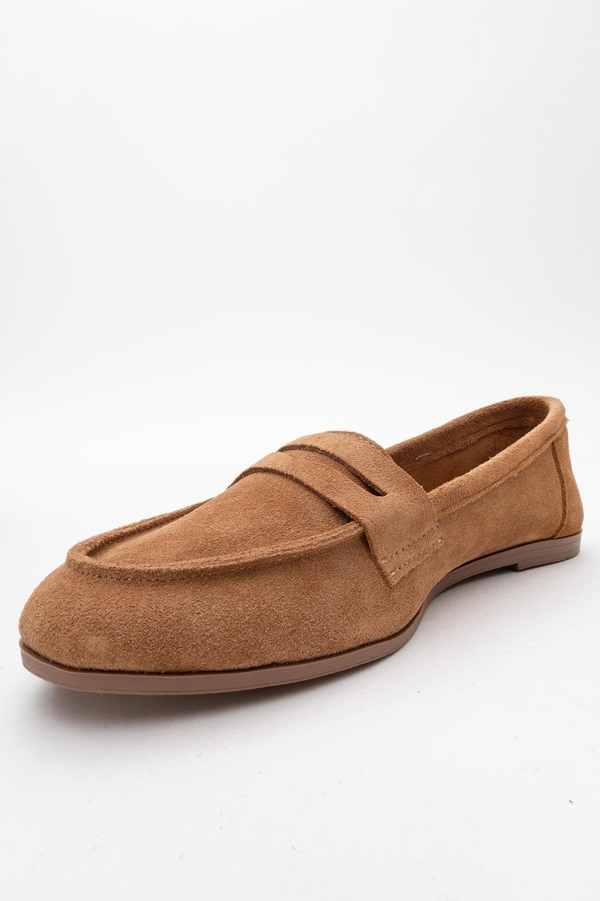 Tory - Taupe Suede Genuine Leather Loafer Shoe – heel view showing leather, suede, Vowalisse