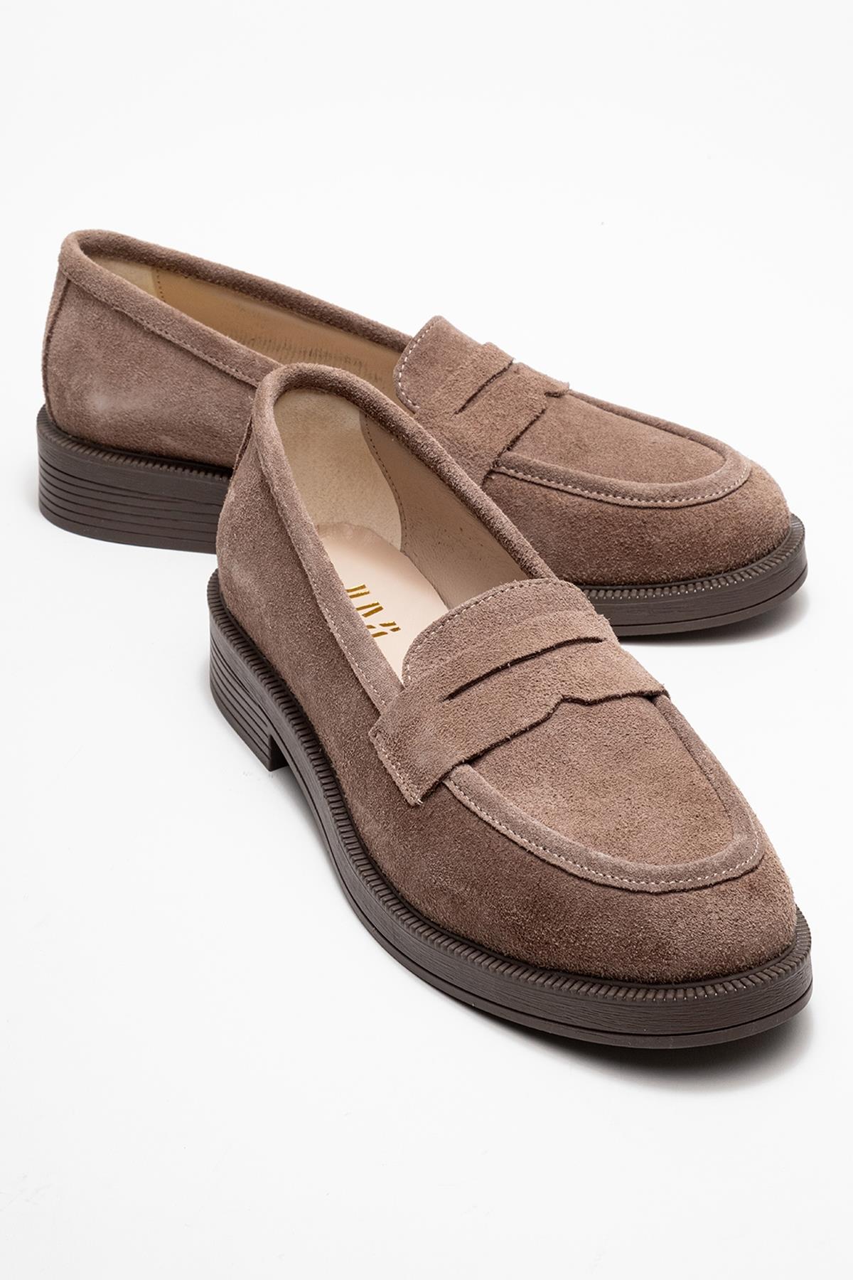 Bree - Taupe Suede Genuine Leather Loafer – front three-quarter view showing leather, suede, Vowalisse