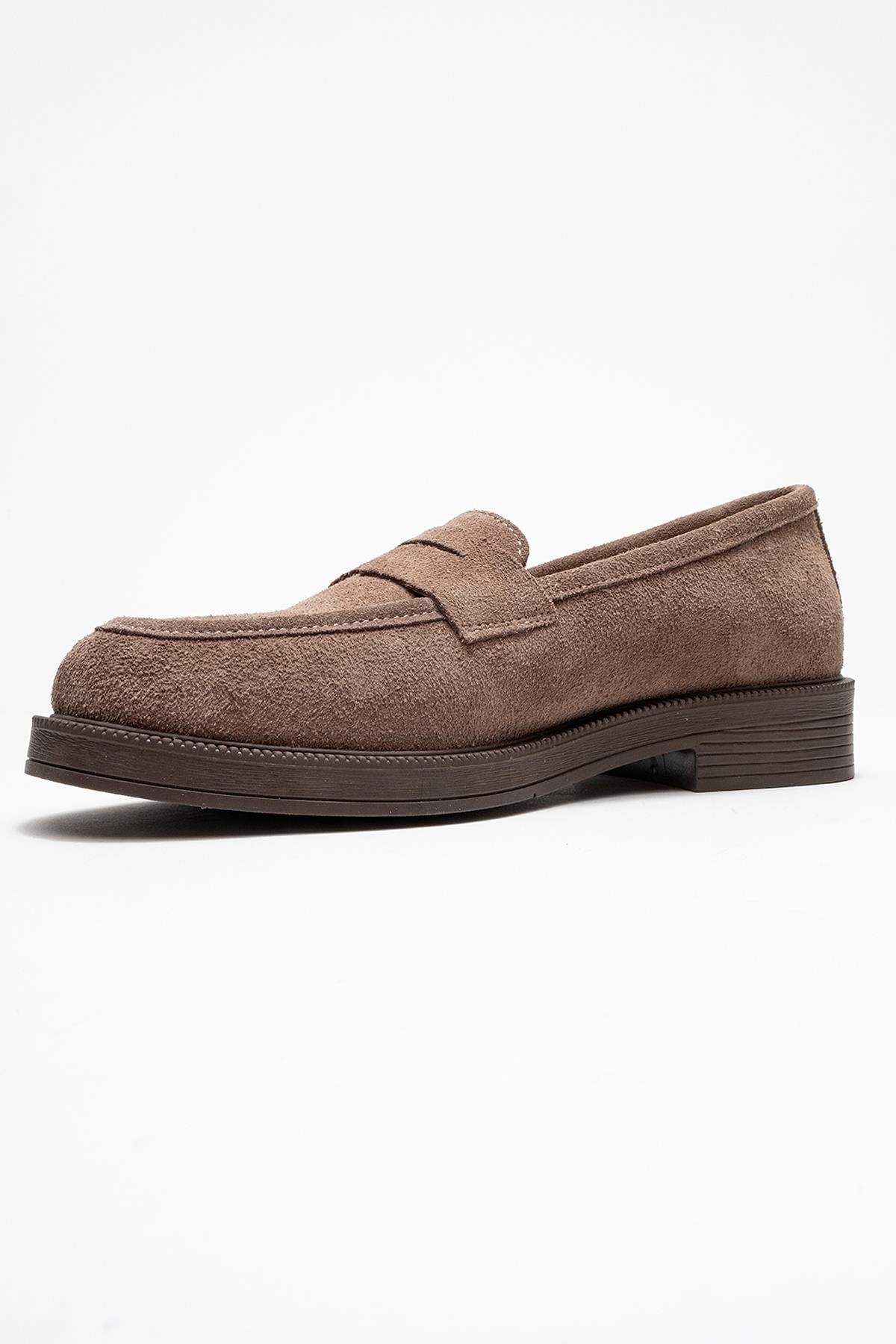 Bree - Taupe Suede Genuine Leather Loafer – heel view showing leather, suede, Vowalisse