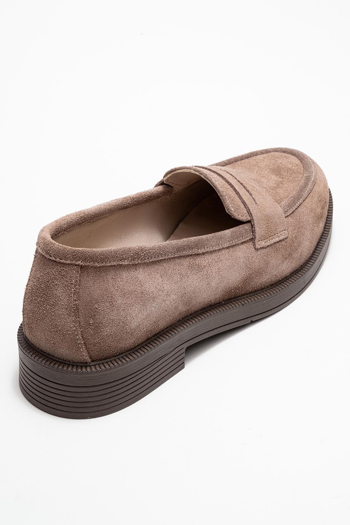 Bree - Taupe Suede Genuine Leather Loafer – back view showing leather, suede, Vowalisse