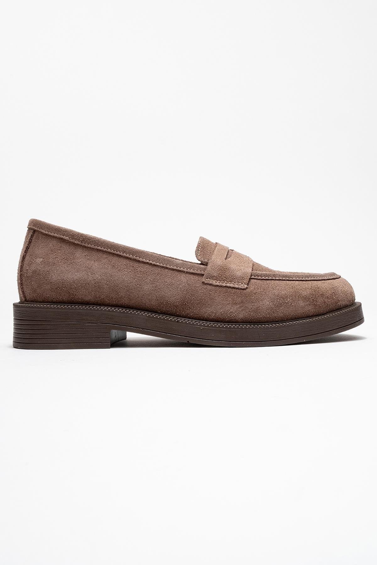 Bree - Taupe Suede Genuine Leather Loafer – top view showing leather, suede, Vowalisse