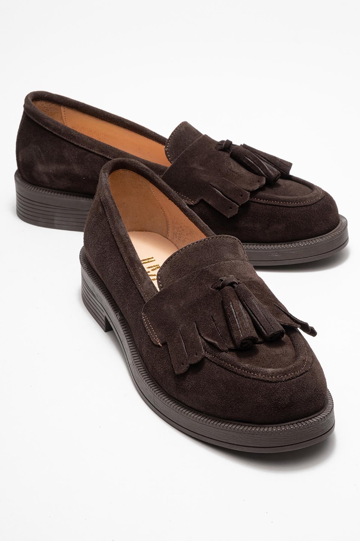Milina - Brown Suede Genuine Leather Tassel Loafer – front three-quarter view showing leather, suede, Vowalisse