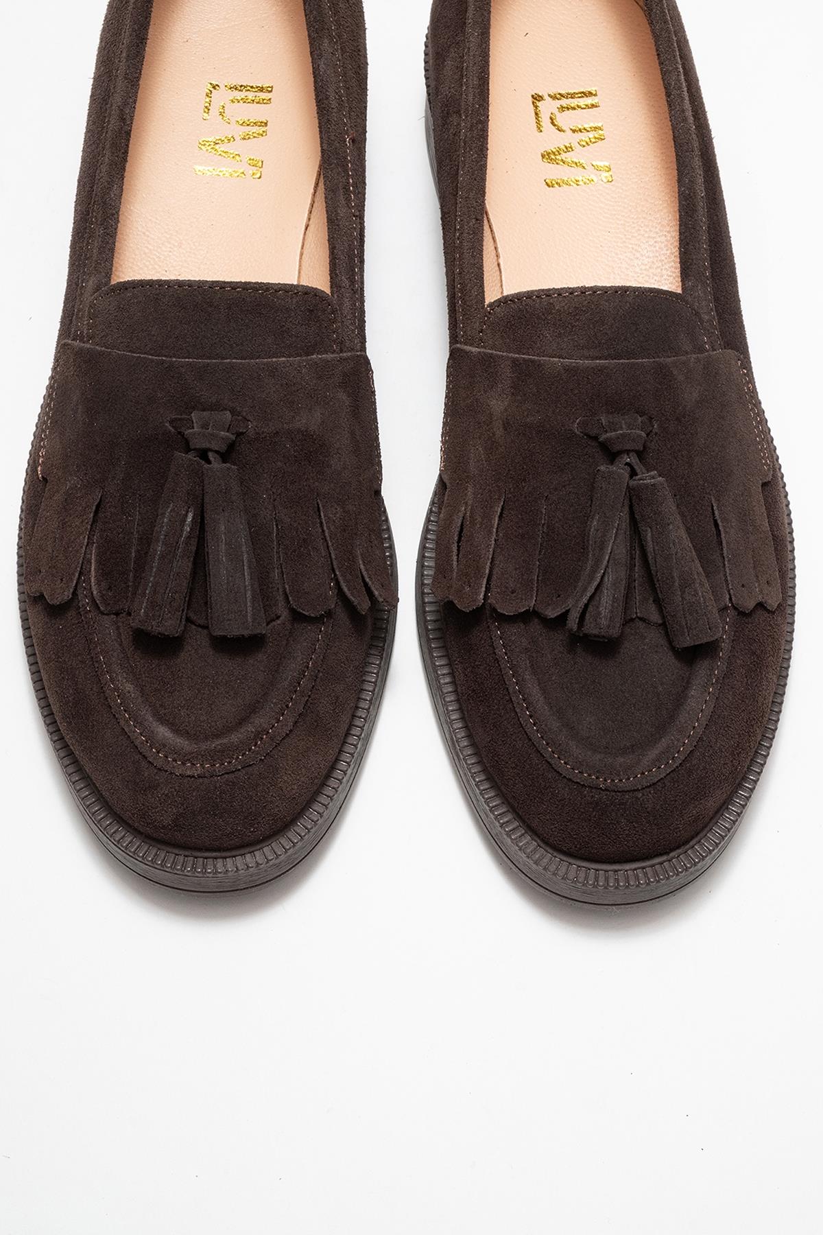 Milina - Brown Suede Genuine Leather Tassel Loafer – side view showing leather, suede, Vowalisse
