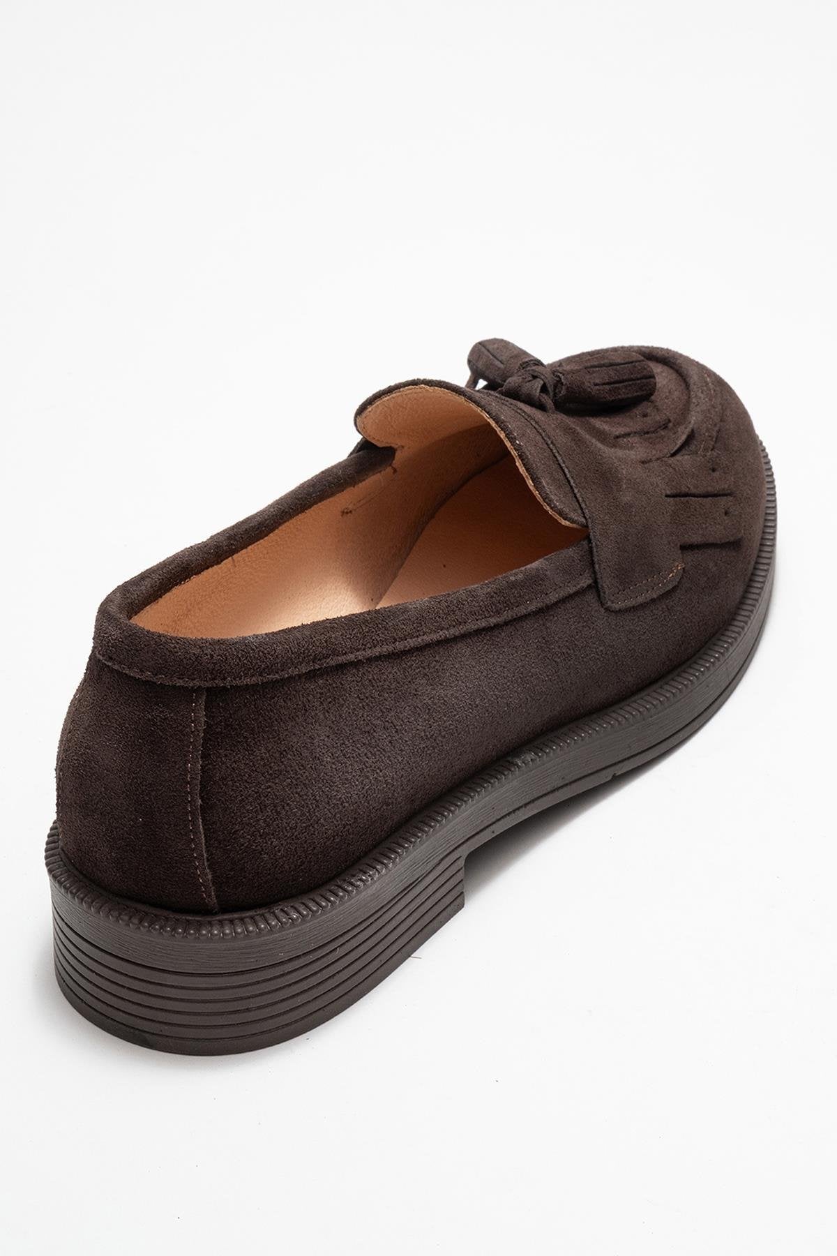 Milina - Brown Suede Genuine Leather Tassel Loafer – back view showing leather, suede, Vowalisse