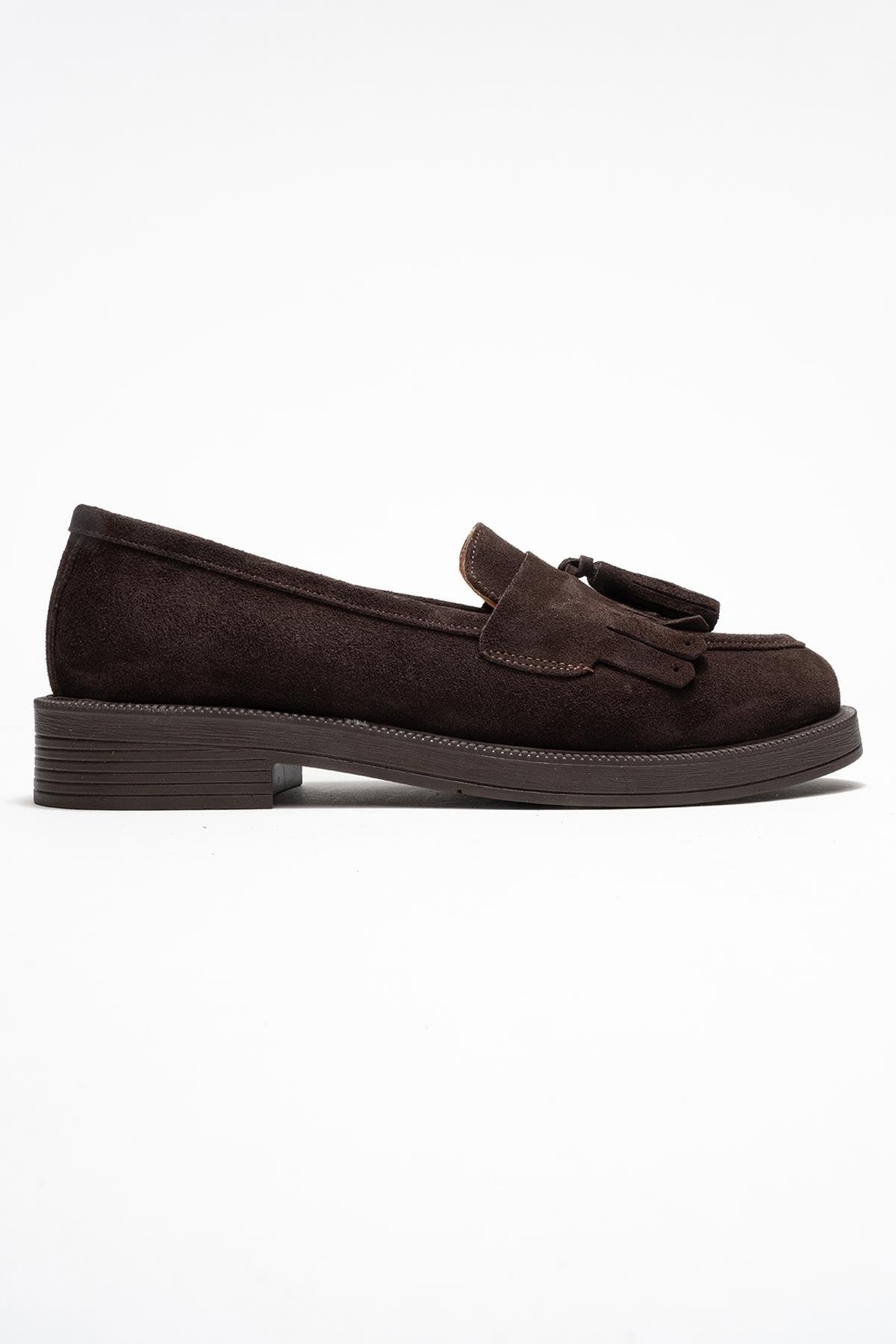 Milina - Brown Suede Genuine Leather Tassel Loafer – top view showing leather, suede, Vowalisse