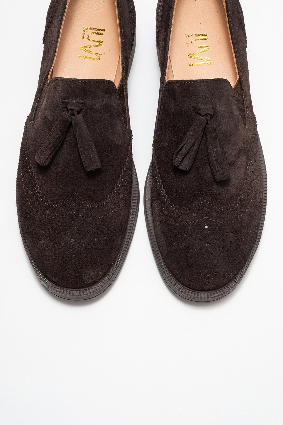 Alex - Brown Suede Genuine Leather Tassel Elastic Loafer – side view showing leather, suede, Vowalisse