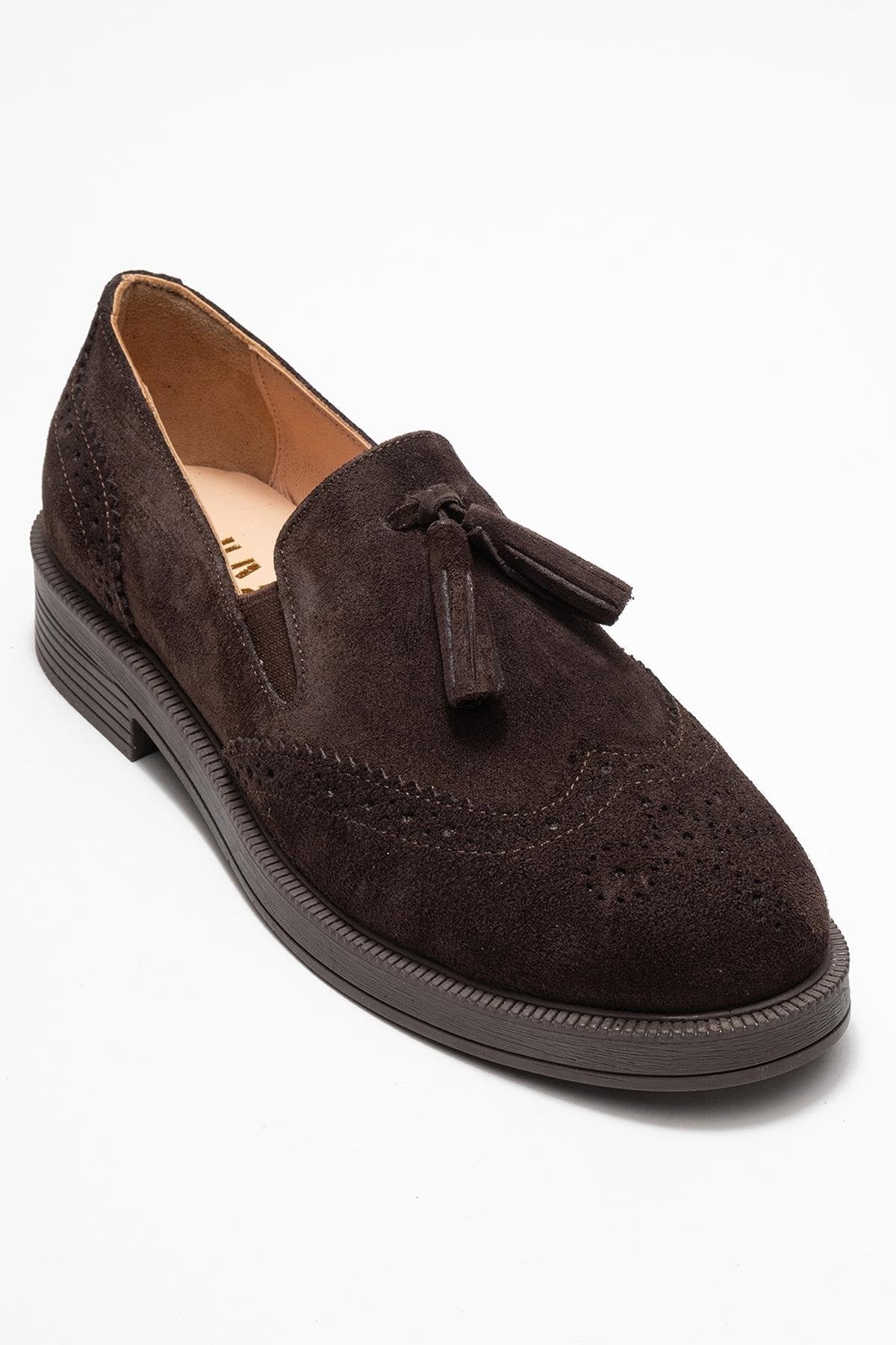 Alex - Brown Suede Genuine Leather Tassel Elastic Loafer – detail view showing leather, suede, Vowalisse