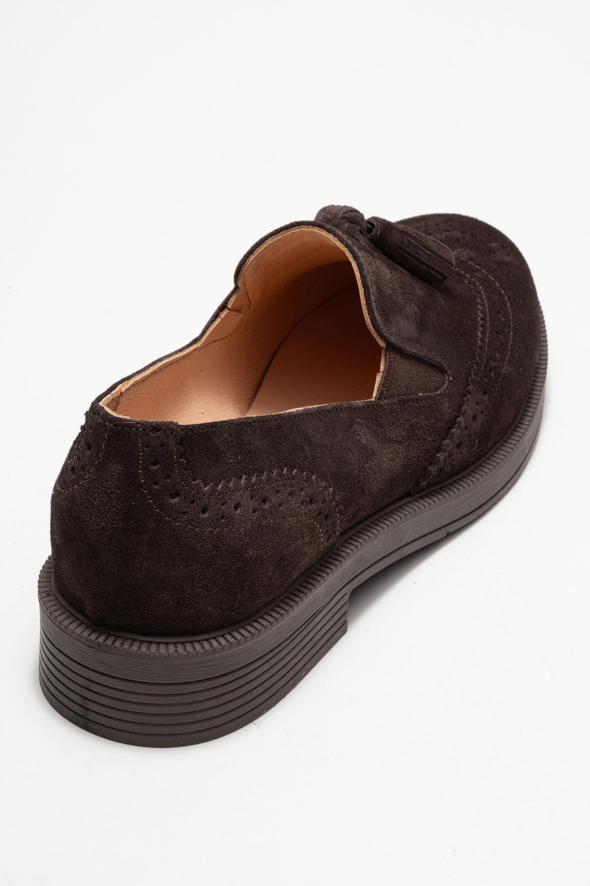 Alex - Brown Suede Genuine Leather Tassel Elastic Loafer – back view showing leather, suede, Vowalisse