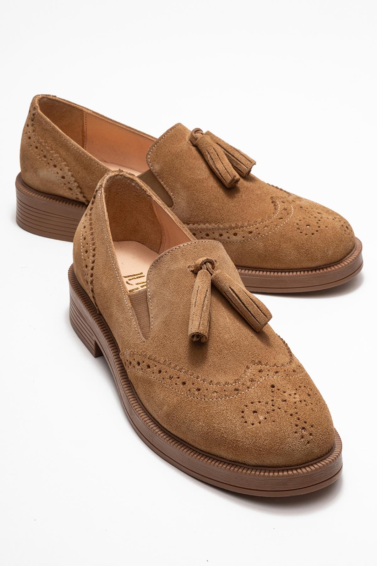 Alex - Taupe Suede Genuine Leather Tassel Elastic Loafer – front three-quarter view showing leather, suede, Vowalisse