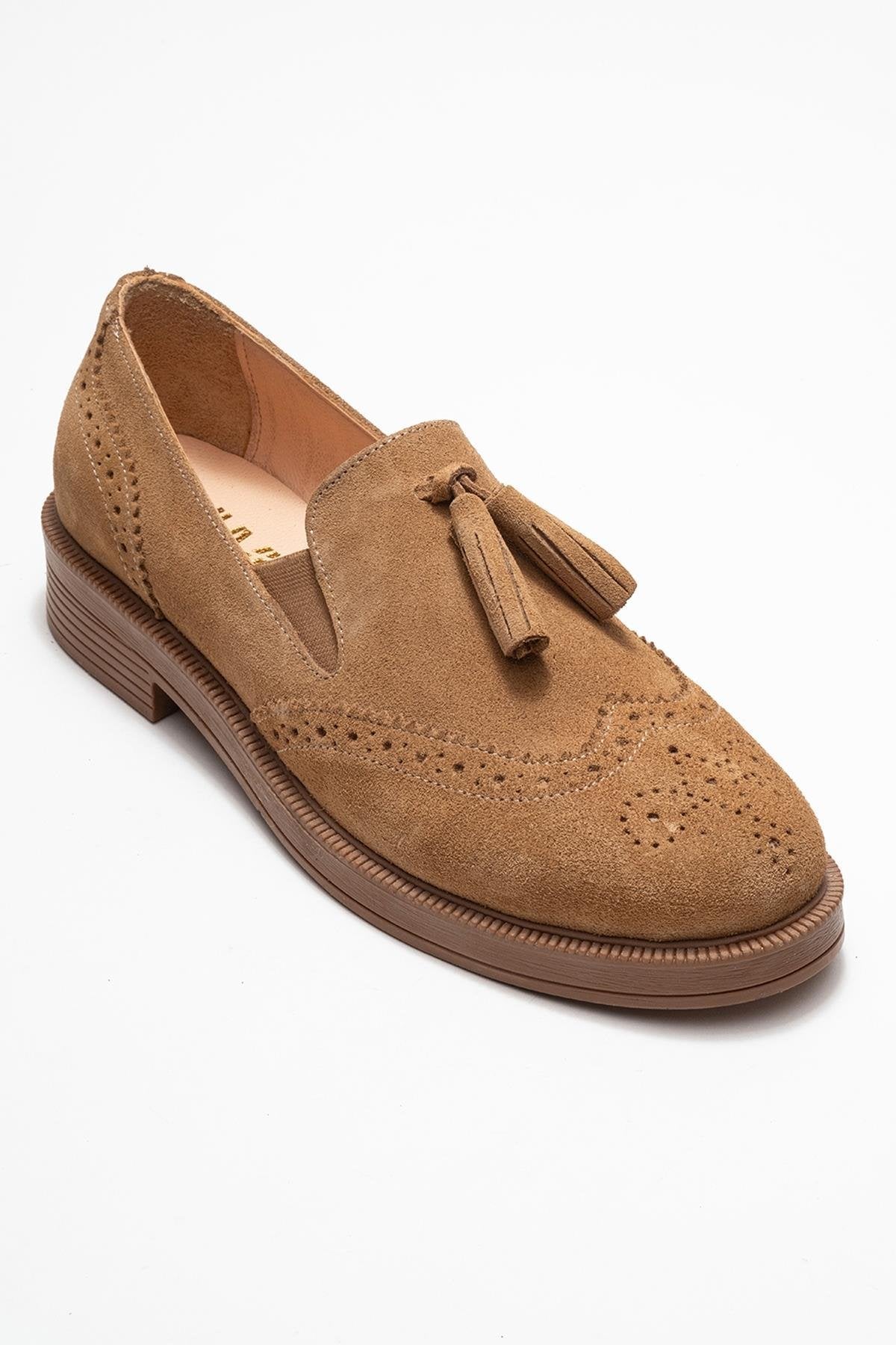 Alex - Taupe Suede Genuine Leather Tassel Elastic Loafer – detail view showing leather, suede, Vowalisse